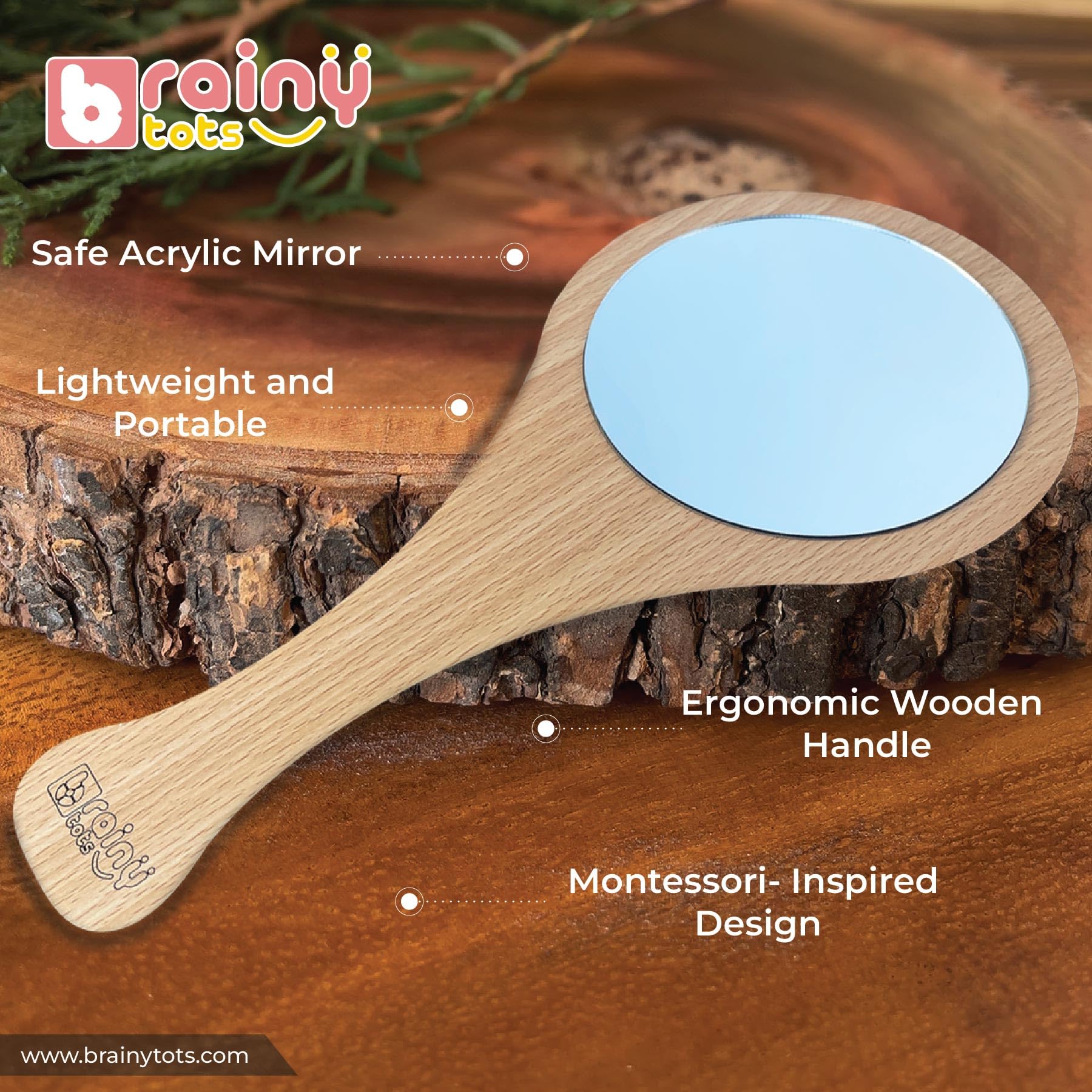 Brainytots Wooden Hand Mirror for Kids | Montessori Learning Toy for Early Education, Self Awareness, Hand Eye Coordination, & Grasping Skills Development | Educational Gift for Toddlers 2