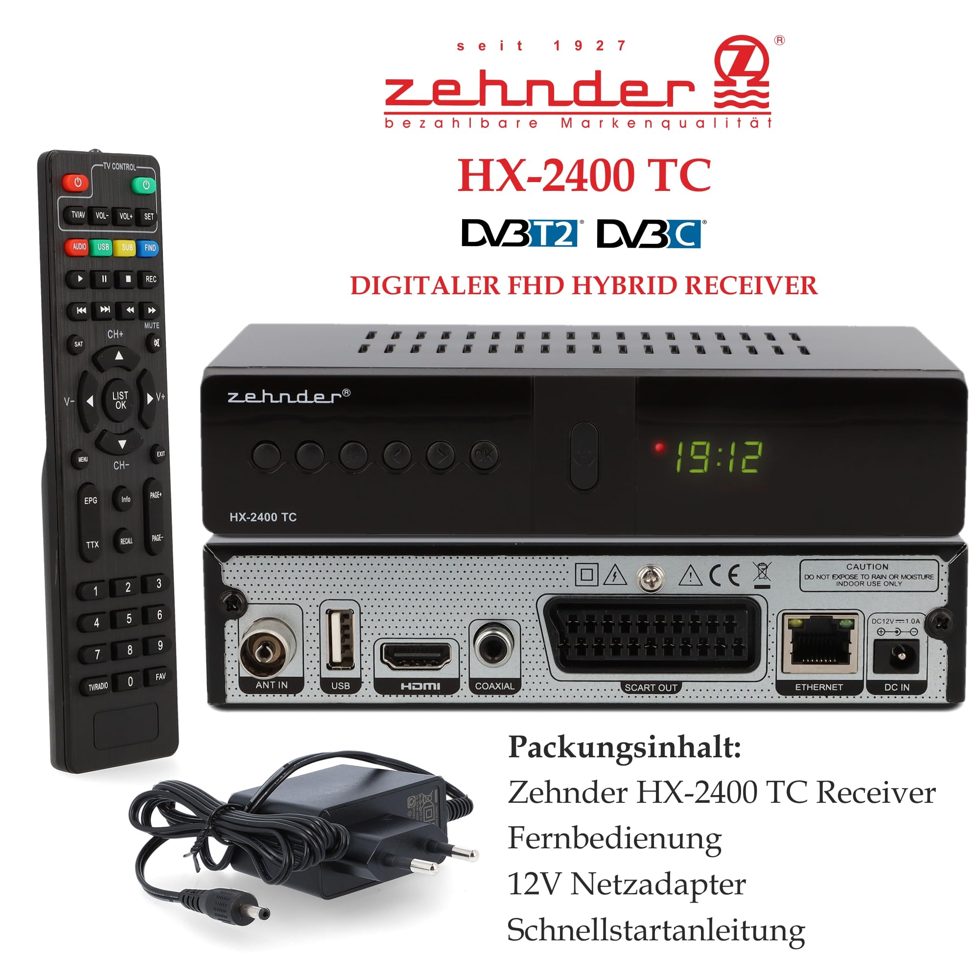 ZEHNDER HX 2400 TC Hybrid Receiver - DVB-C und DVB-T2 geeignet, Receiver für TV, Aufnahme und Timeshift Funktion über USB, 4-Stelliges LED Display, Lernbare Fernbedienung, 12V Netzteil, Full HD 1080p