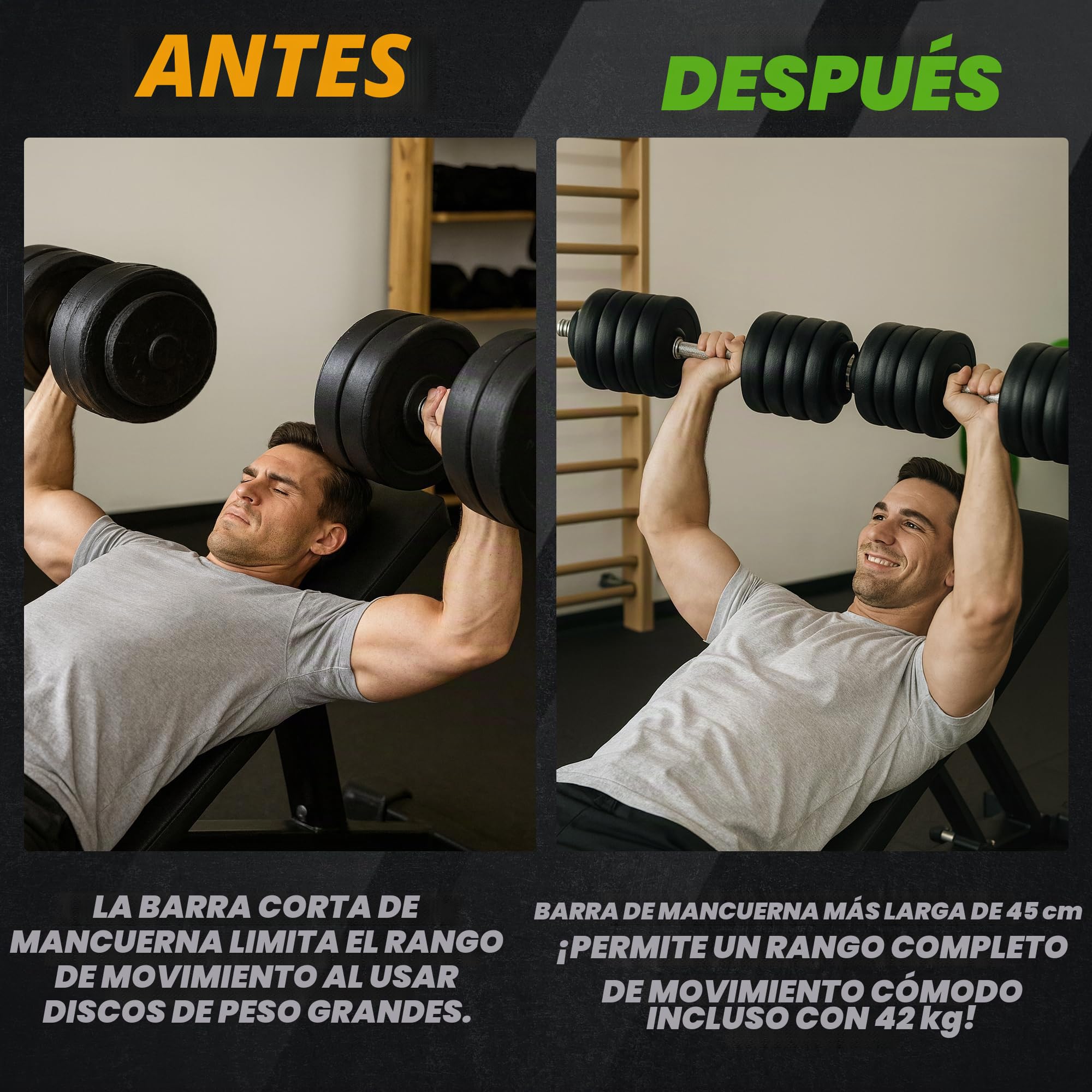 Barra Mancuernas 45 cm – Barra Pesas Roscada Extra Larga con Collares Estrella, Acero Cromado 25-28 mm – Agarre Antideslizante, Carga Alta – Uso En Hogar y Estudio, Curls, Press, Remo