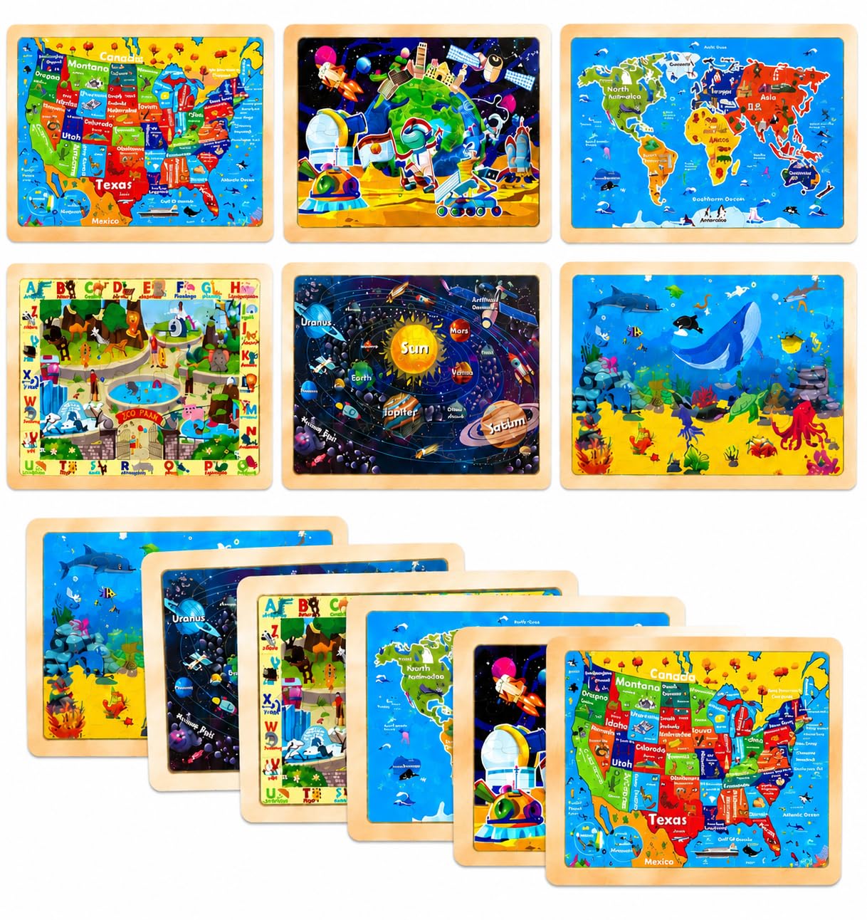 Holzpuzzle für Kinder von 2 bis 4 Jahren, 6 Packungen à 24 Stück, Sonnensystem, Weltkarte, Puzzles für Kleinkinder von 3 bis 5 Jahren, Lernspielzeug für Kinder im Vorschulalter