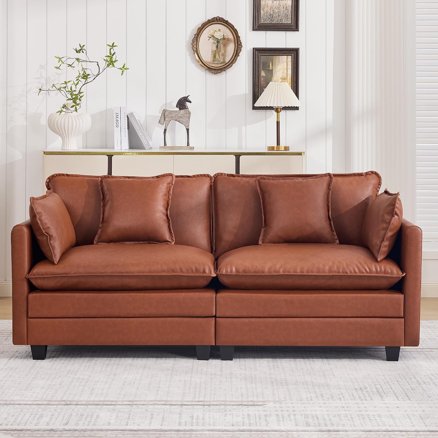 76'' Cloud Deep Seat Loveseat, Upholstered Leather Modular 2-Seats Sectional Sofa Couch, Modern Comfy Settee Loveseat for Living Room Set, Small Apartment, Leather Brown
