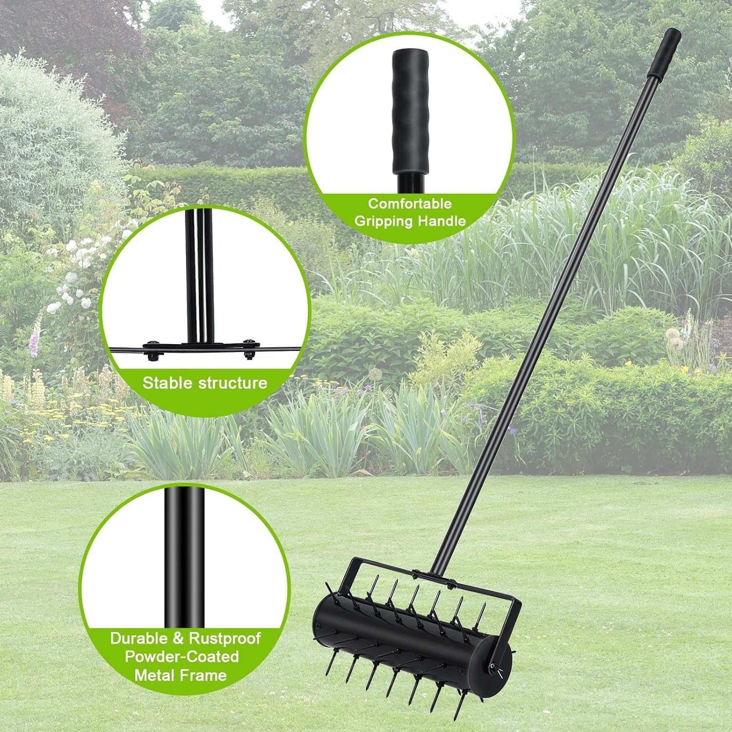Rolling Lawn Aerator, Heavy Duty Manual Aerator Tool with Detachable Spikes, Lawn Spike Aerator Roller with 47.2" Handle, Soil Push Lawn Aeration for Yard Patio Black