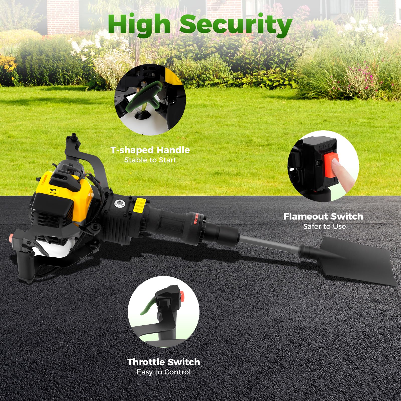 Escavatore da giardino multifunzionale a 2 tempi, 1250W Scavatore ad alberi portatile a benzina con avviamento manuale, 6500 giri/min, utilizzato per scavo e ghiaia in giardini, fattorie, ecc