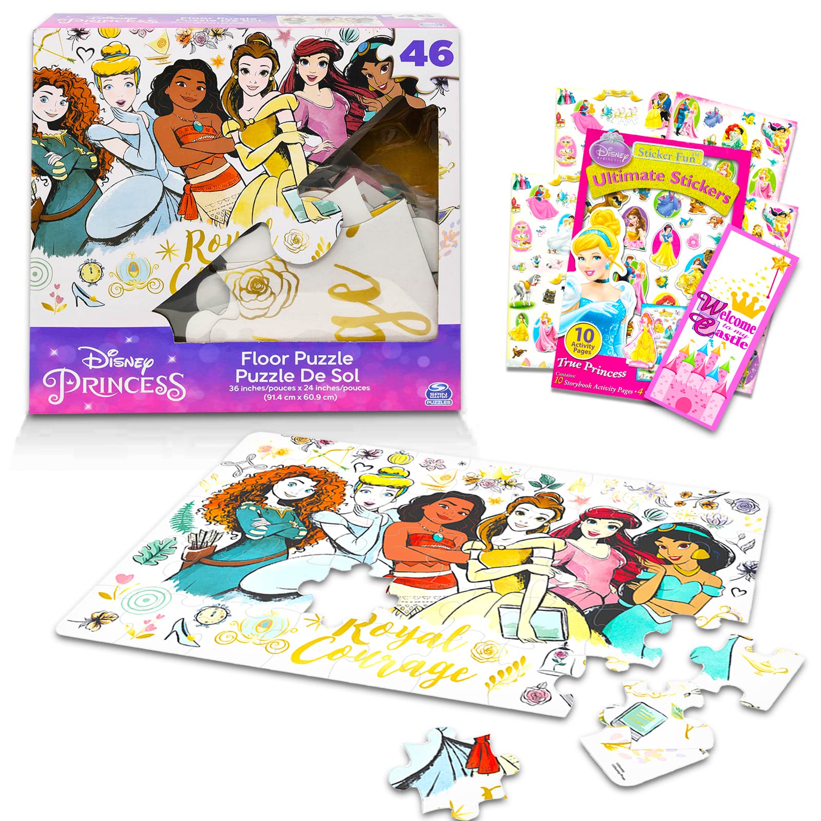 Disney Princess Floor Puzzle for Kids, Toddlers - Princess 46 Piece Puzzle Bundle with Princess Stickers, More (Disney Princess Toys and Games)