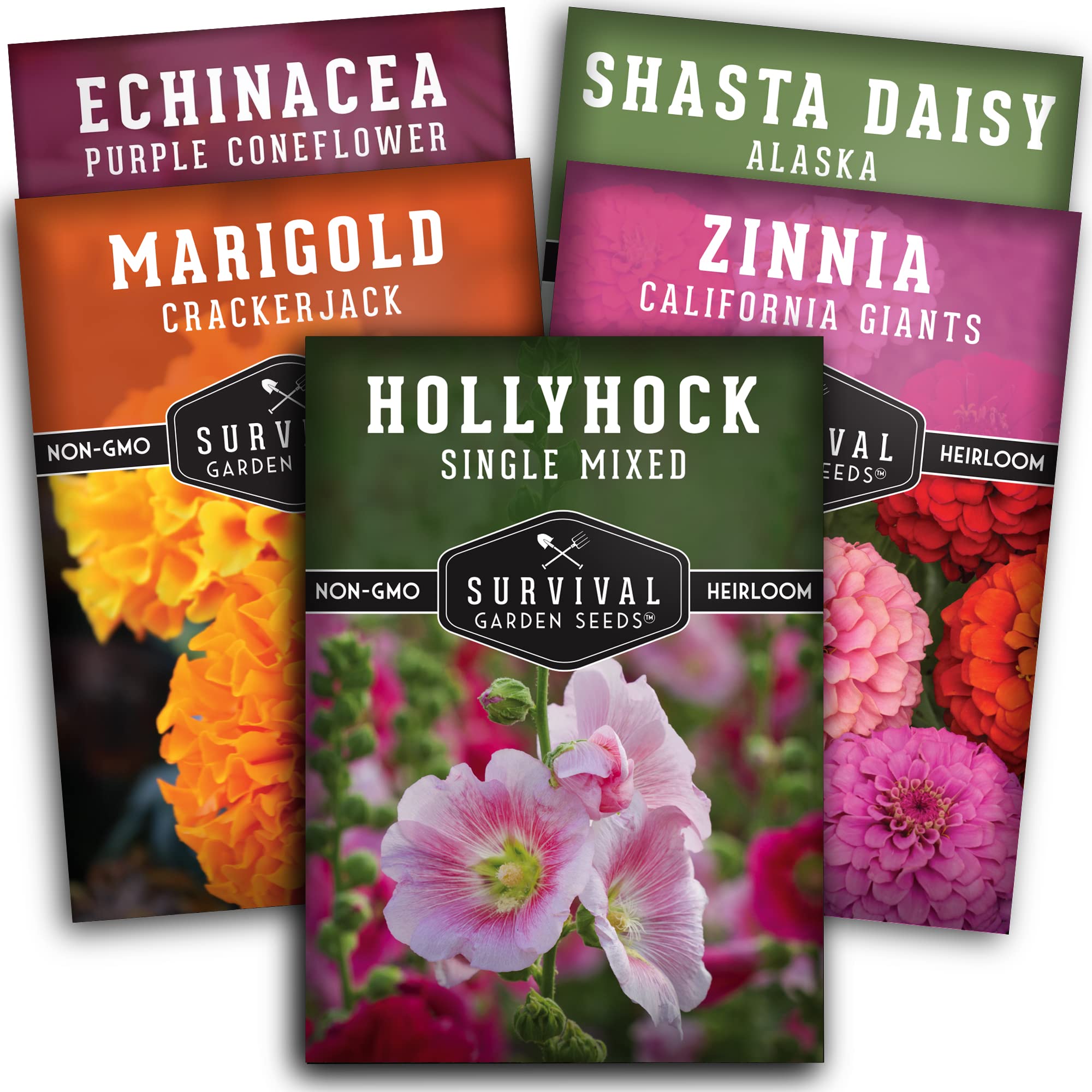 5 Flower Seed Collection for Planting – Zinnia, Marigold, Coneflower, Daisy & Hollyhock – Heirloom Non-GMO Pollinator & Cut Flower Garden Gift Pack | Survival Garden Seeds