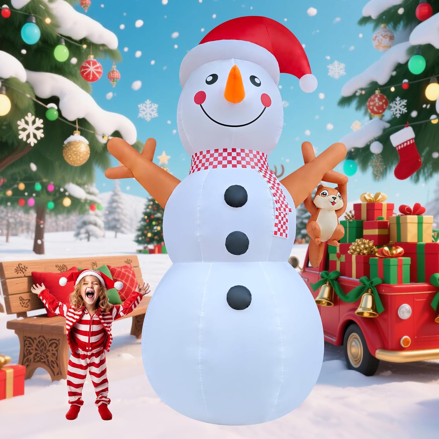 12ft Giant Snowman Inflatable Decor with Cute Squirrel Christmas Inflatable Yard Decor Build-in LED Outdoor Blow up Holiday Decorations for Yard/Lawn/Garden