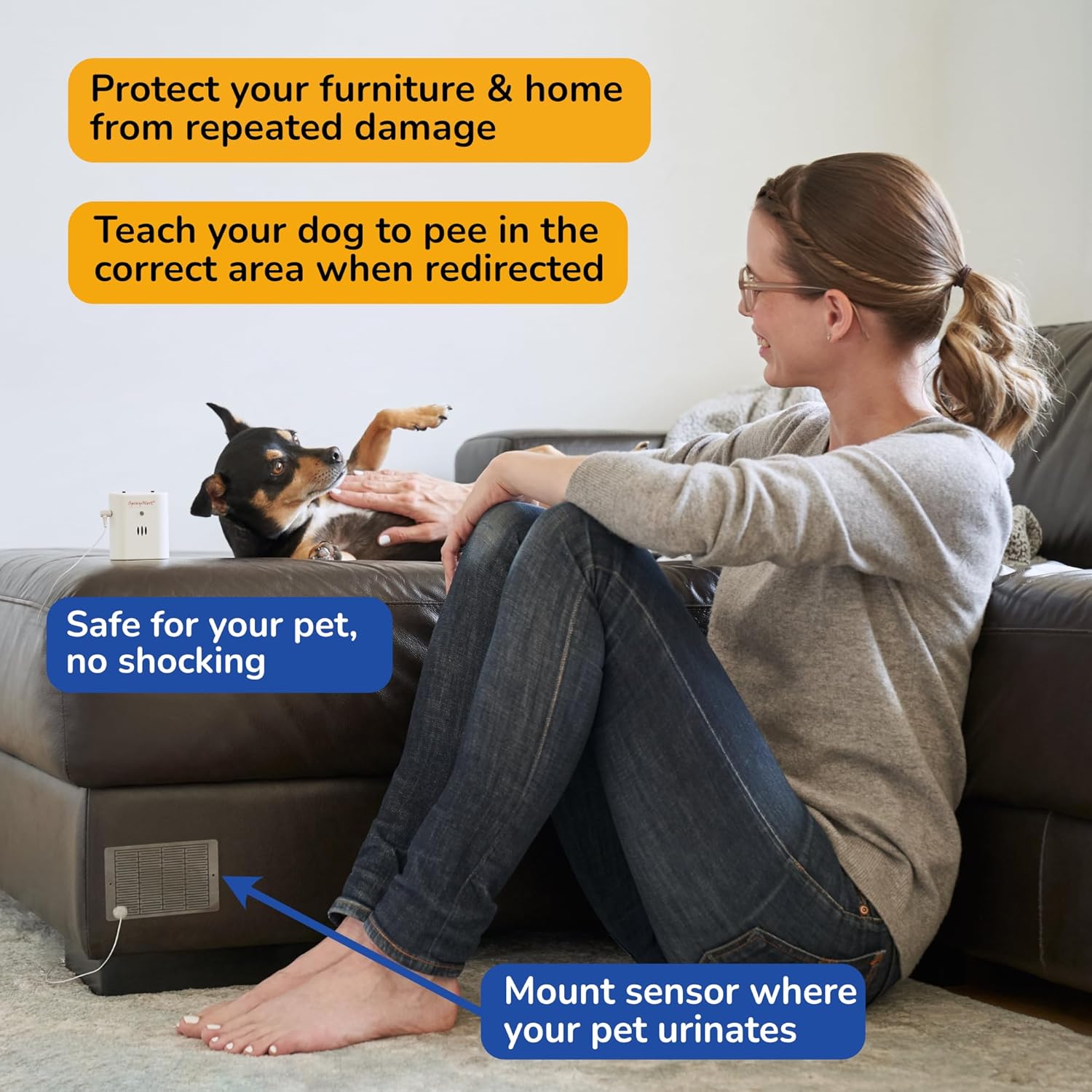 Pet Urine & Moisture Alarm for Dogs and Cats - Detect Pet Peeing Realtime - Training Tool for Dogs - Protect Furniture - with 2 Standard Sensors (4.4 in x 2.8 in)