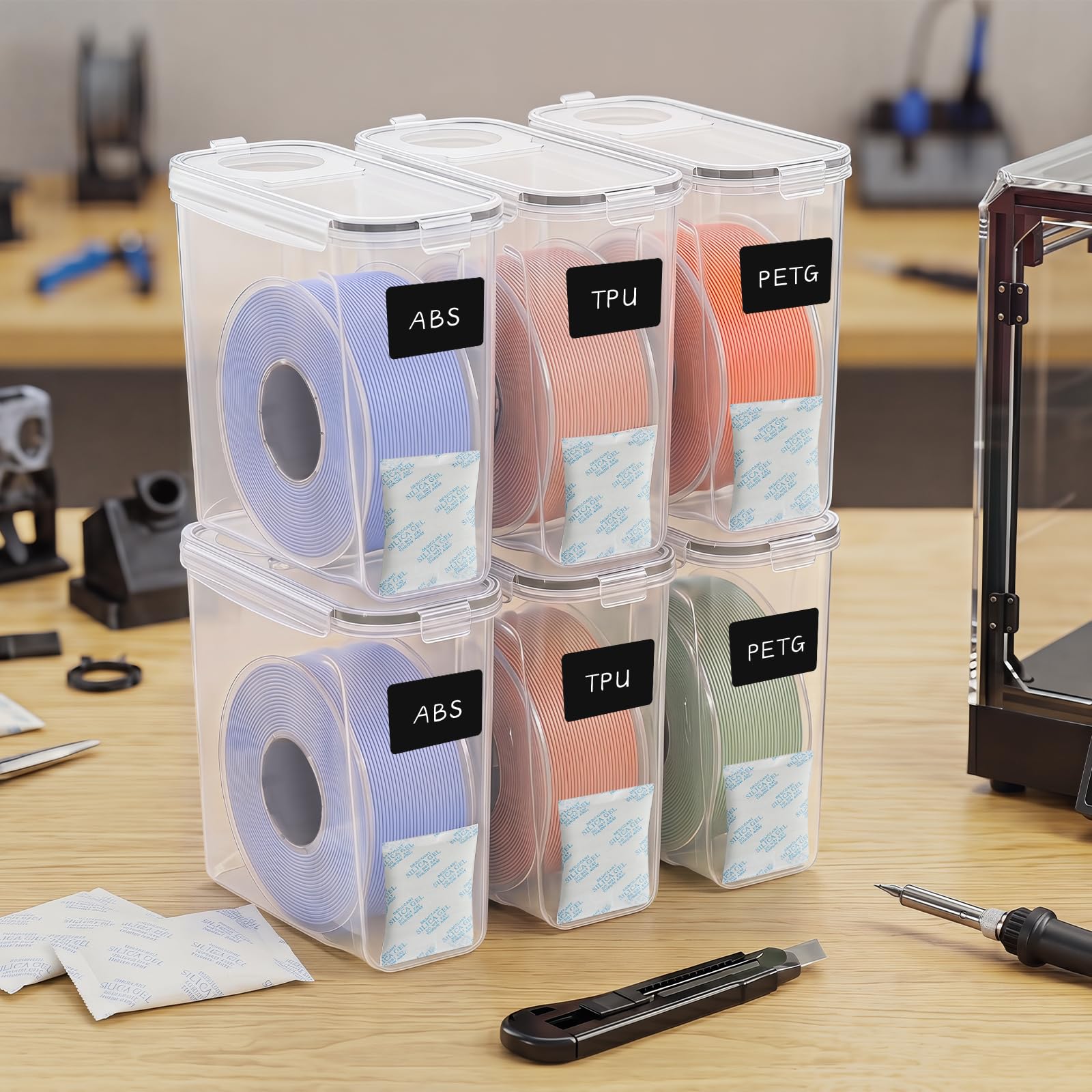 3D Filament Aufbewahrungsbox 4L 6er Set für PLA PETG ABS TPU | 4L PP-Box mit Silikondichtung, Etiketten, Marker und Trockenmittel; ideal für Filament Lagerung in Regal und Werkstatt