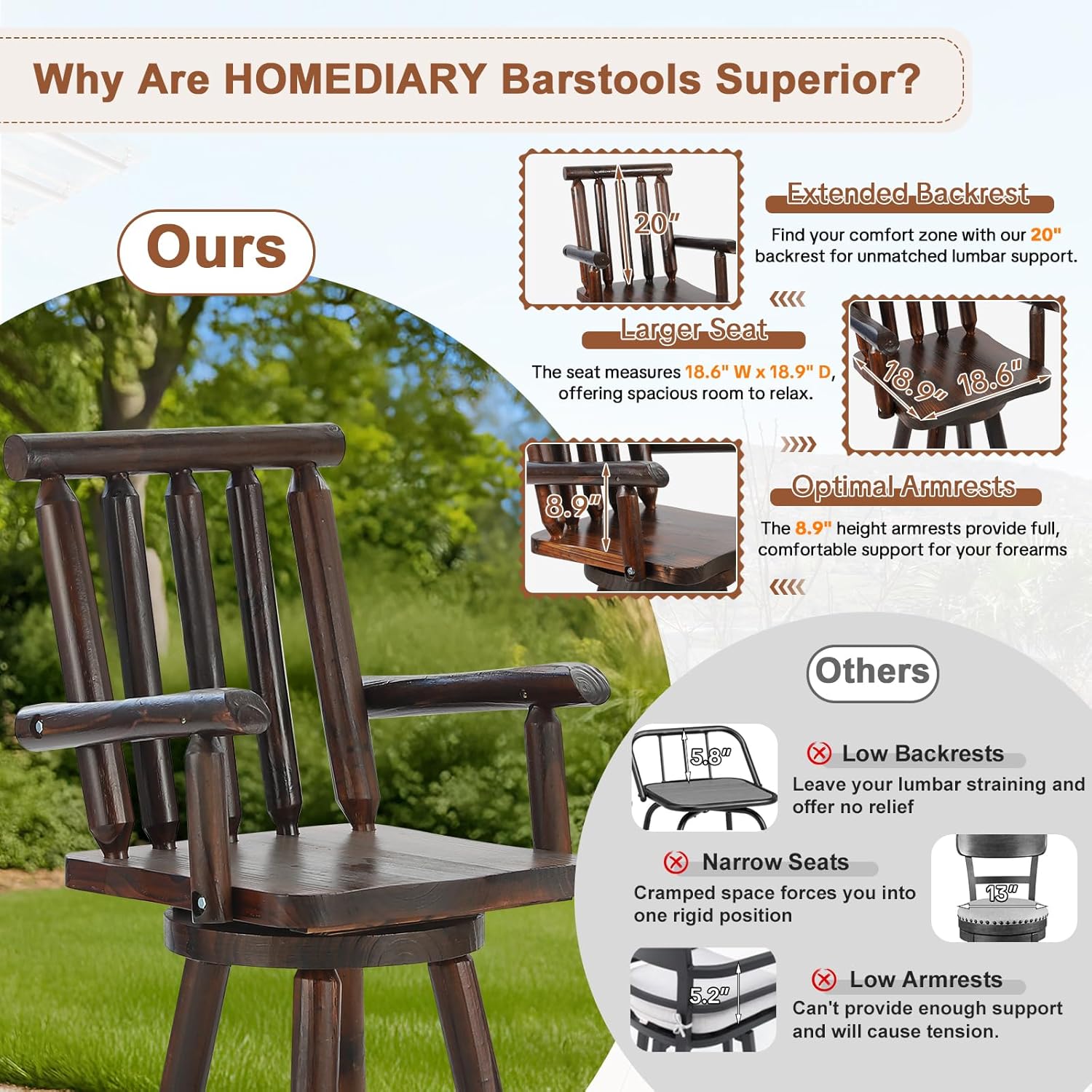 HOMEDIARY 3 Piece Outdoor Swivel Adirondack Bar Set, 41.9" Patio Log Bar Height Table & 2 Bar Stools with High Back, 500 LBS Heavy Duty Wooden Bar Stools Set for Deck Pub Garden Backyard, Carbonized