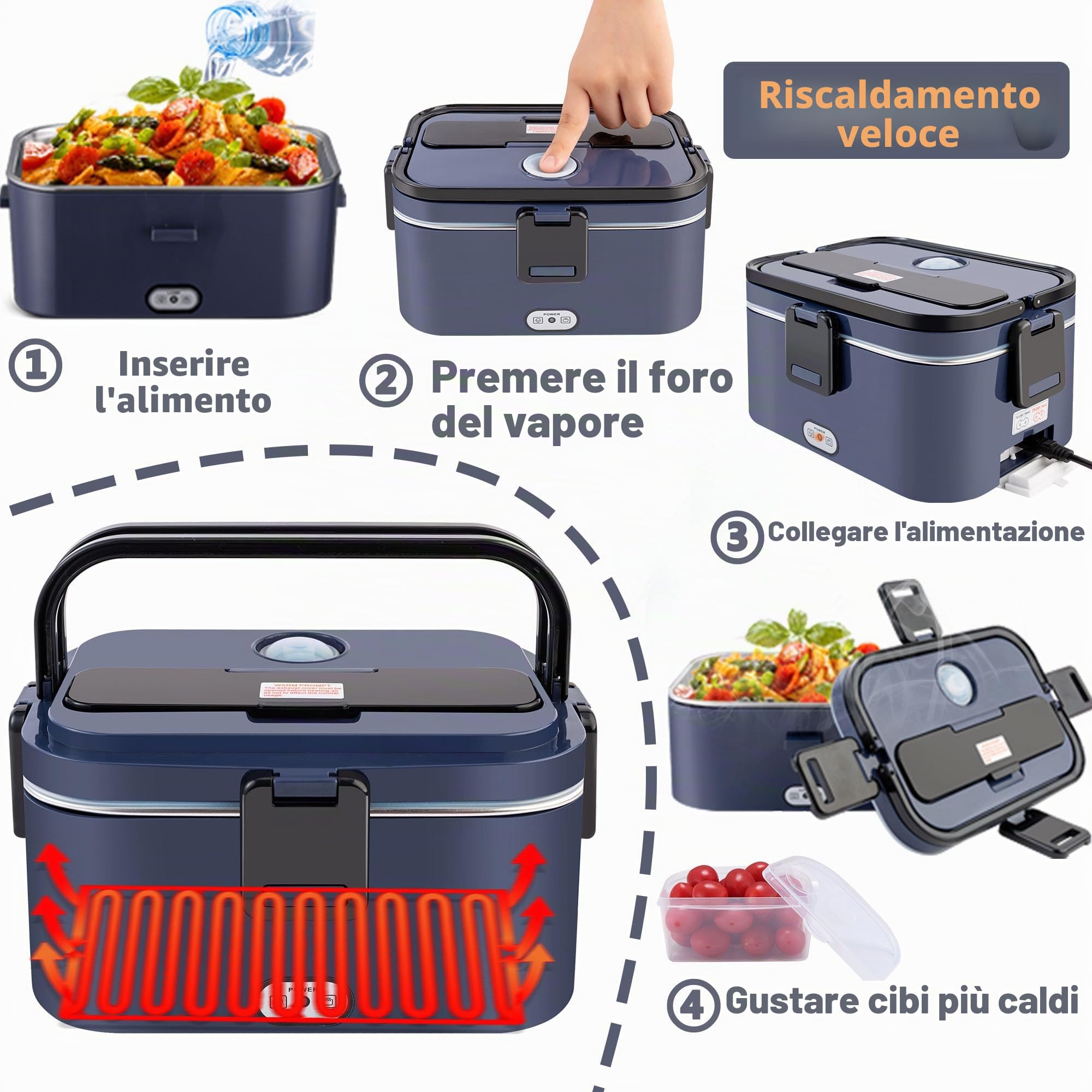 Scaldavivande Elettrico Portatile 80W Camion/Auto Lunch Box 12/24/230V Elettrico Portavivande1.8l Contenitore Porta Pranzo Per Ufficio Viaggiare Grigio Borse(1.8L-blu)