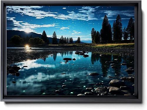 Cool Wall Art Landscape Mountains Nature print Prints Minimalist Modern Home Artwork Decoration Night Sky With Stars, Framed Canvas Print