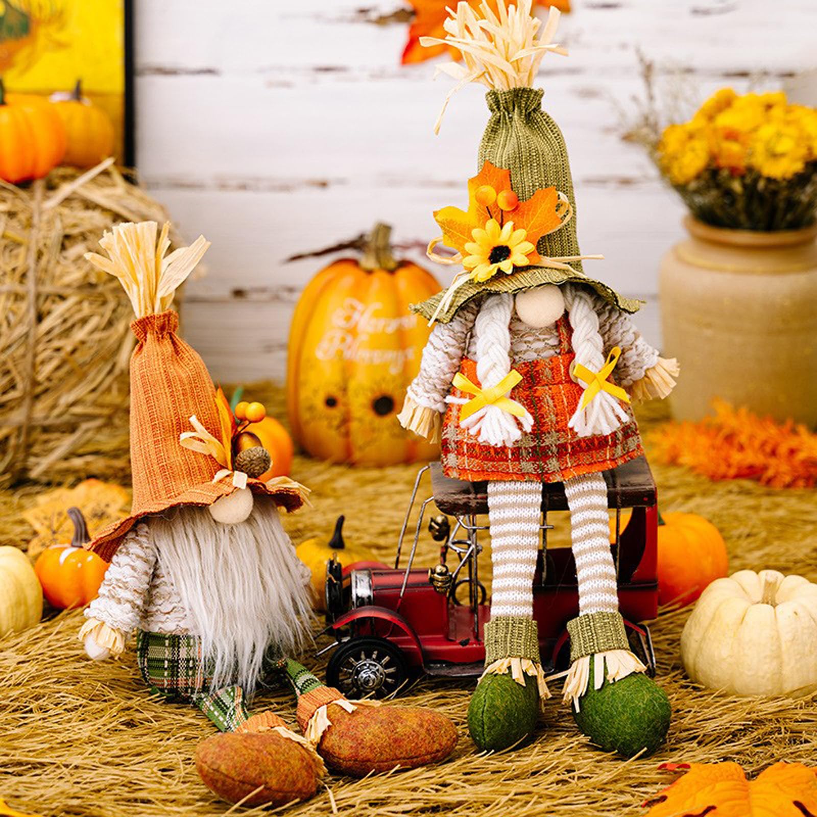 SMY LINUUE (Pack of 2) Fall Table Decoration Plush Scarecrow 17 Inch, Thanksgiving Handmade Straw Hat Doll, Fall Shelf Gift, Family Table Centerpiece Home Warming Gift Decoration