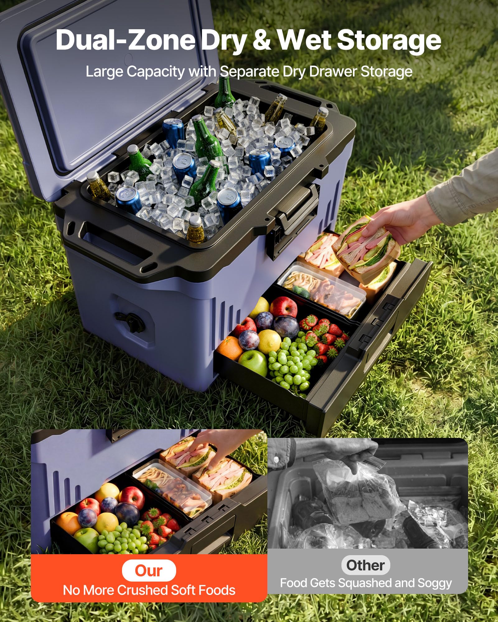 VEVOR 47,32 L Passive Kühlbox Tragbare Isolierbox für Camping Outdoor Sport, Auslaufsicher, Hält 48 Stunden Kühl, Isolierte Kühlbox mit Eisbereich, Stabilem Griff und Getrennten Trocken- und Nasszonen