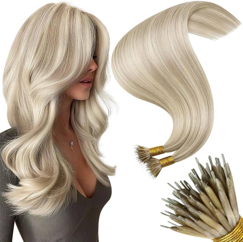 Moresoo Nano Bead Hair Extensions Human Hair, Ash Bleach Blonde, 24 Inch | 50g 50 strands, extra-long straight length, nano bead extensions for weddings, parties and fashion styling