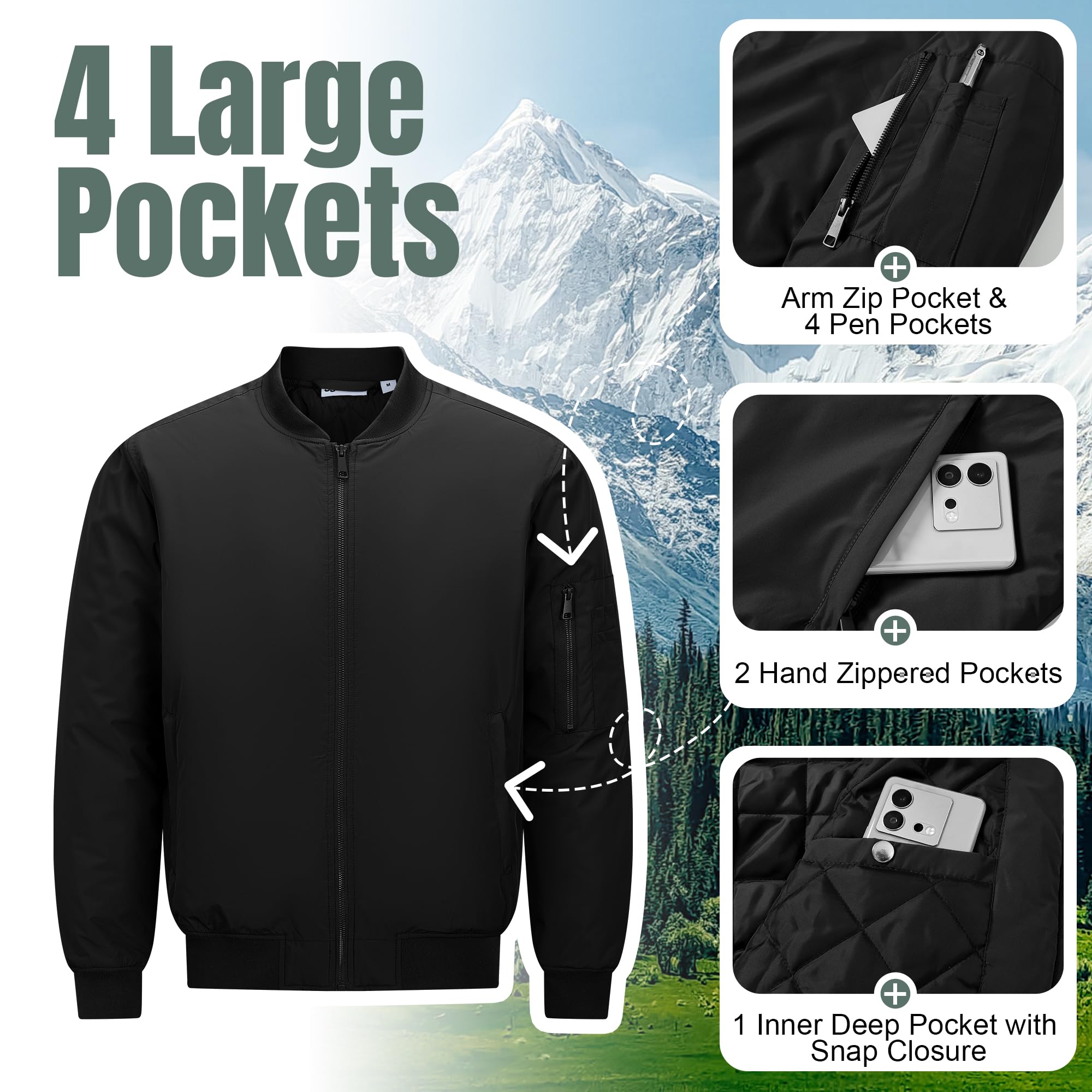 33,000ft Bomberjacke Herren Wasserdichte Winddichte Übergangsjacke Leichte Blousonjacke Fliegerjacke Herbst Winter Jacke mit 4 Taschen