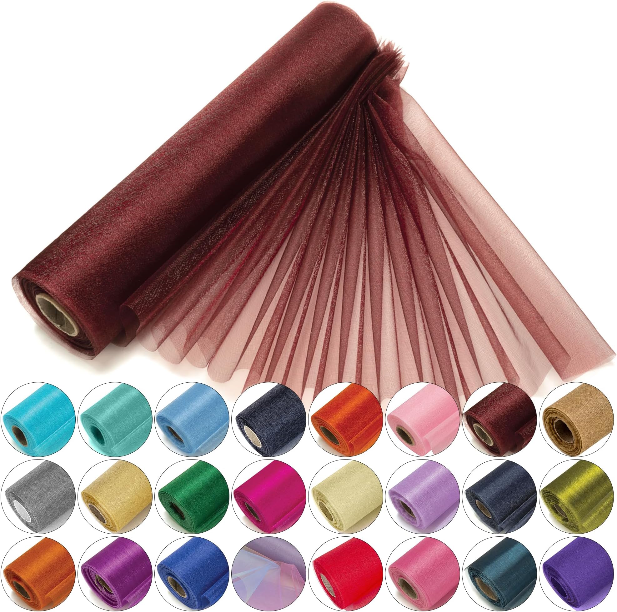 29cm x 25m Roll of Organza Sheer Fabric - Elegant Decorative Cloth for Wedding Chair Bows, Table Runners, Party Favours - Crafting Supplies for Ribbons, Dress Accents,and Bags, Burgundy