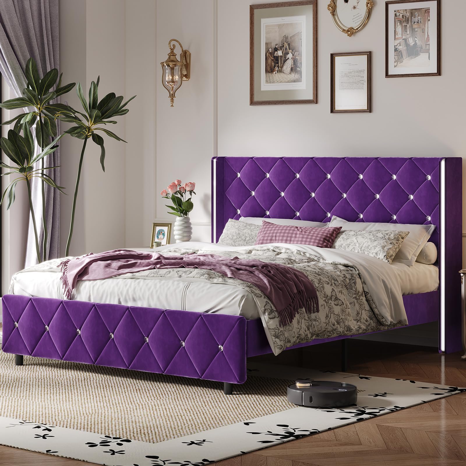 A full view of the HOMBCK Queen Size Bed Frame with a purple velvet upholstered wingback headboard and diamond tufting.