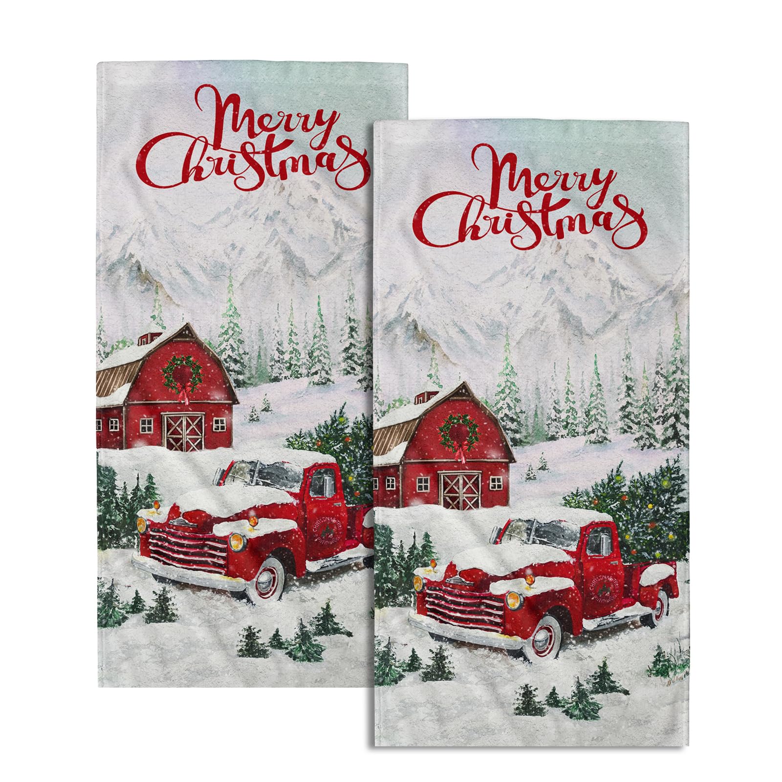 Giwawa Merry Christmas Hand Towels Set of 2 Red Truck Face Guest Towel Xmas Holiday Decorative Soft Fingertip Towel for Bathroom Kitchen Yoga Gym