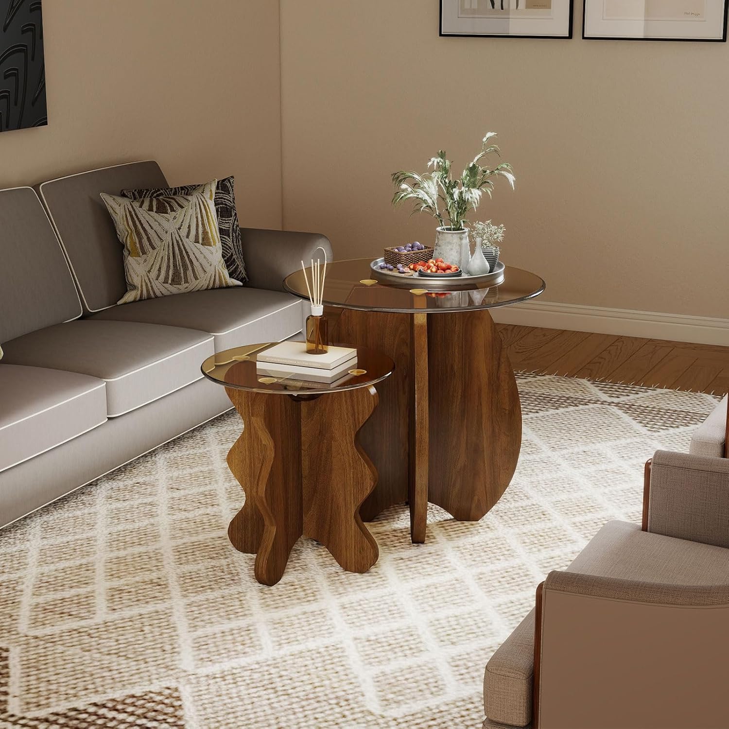 Modern Round Glass Side Table, Tool-Free Assembly, Shell-Brown - Small End Table for Living Room and Balcony (Shell-Brown)