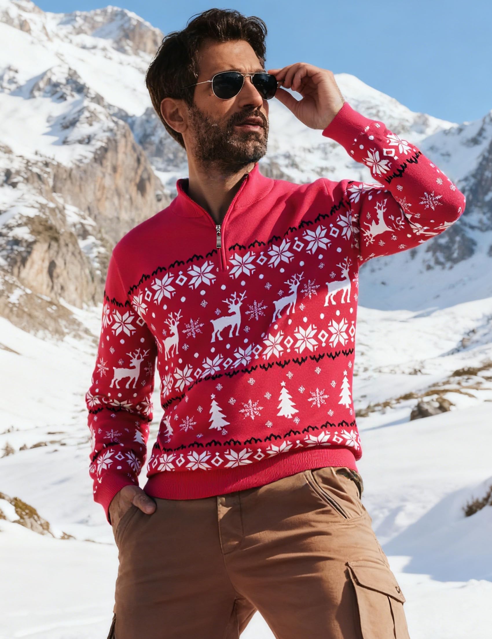 Maglione Natalizio Uomo Maniche Lunghe Zip Un Quarto Motivo Renna | Tessuto Morbido, Maniche Lunghe, Lavorazione a Maglia, Calore Confortevole, Vestibilità Regolare, Autunno e Inverno