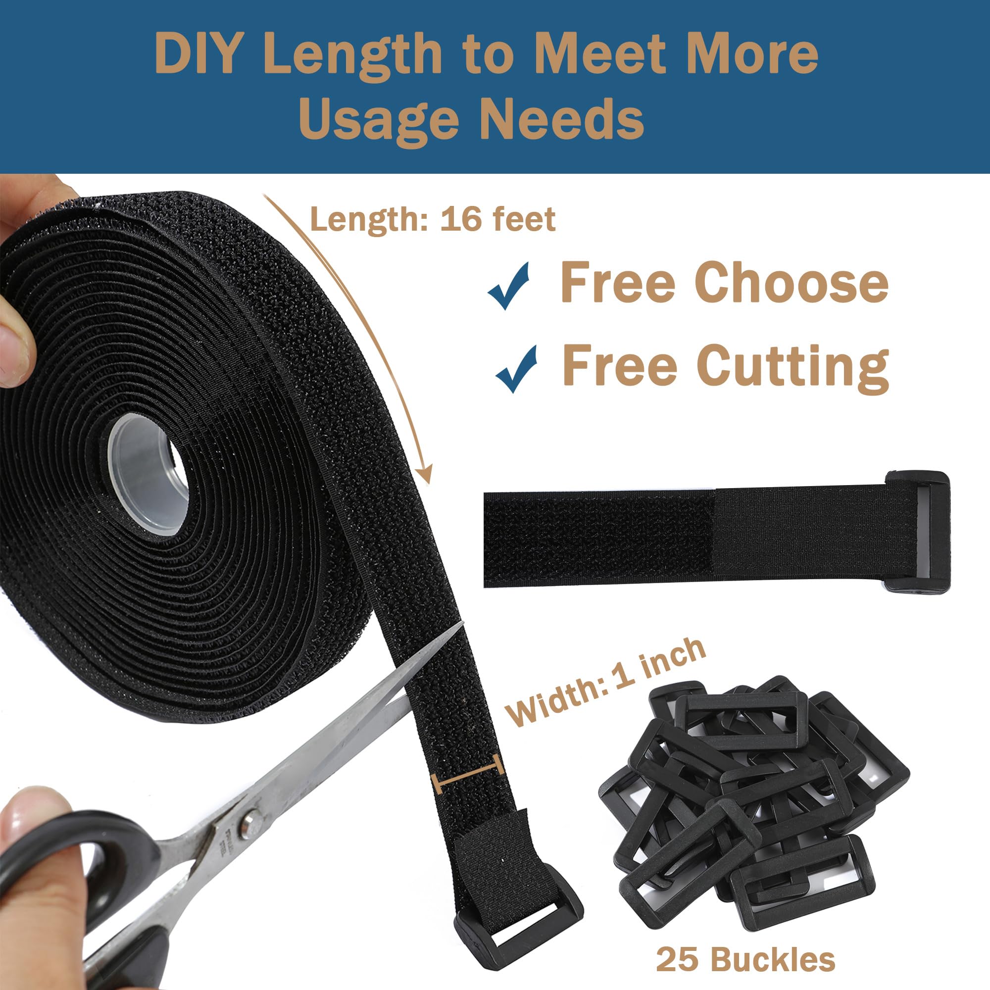 2.5cm x 5m Hook and Loop Securing Straps with 25 Buckles, Free Cut Length, Black - Image 4