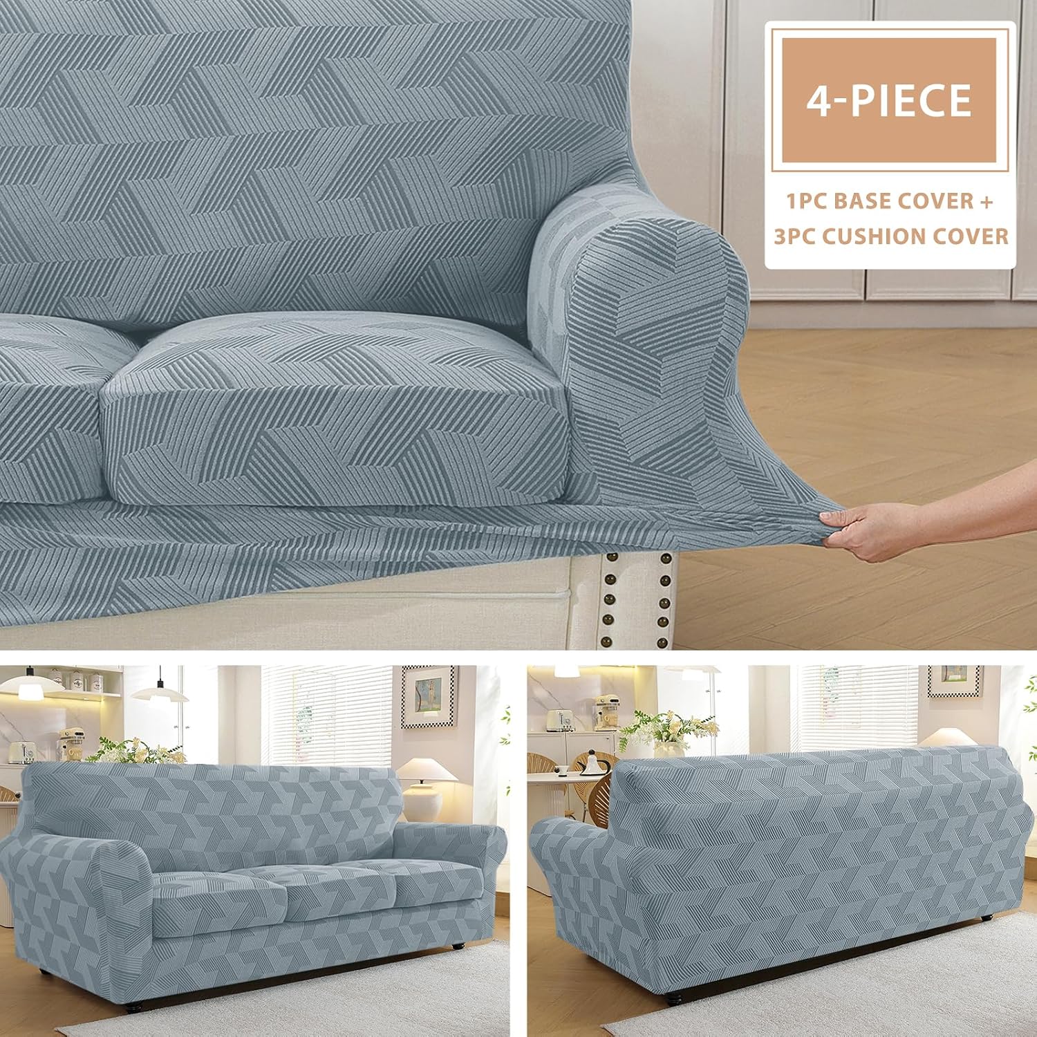 ZNSAYOTX 4 Piece Stretch Couch Covers (72"-90") New-Rectangle Texture, Thick Sofa Covers for 3 Cushion Couch Universal Sofa Slip Cover with Elastic Bottom & Buckle, Washable Protector Army Green