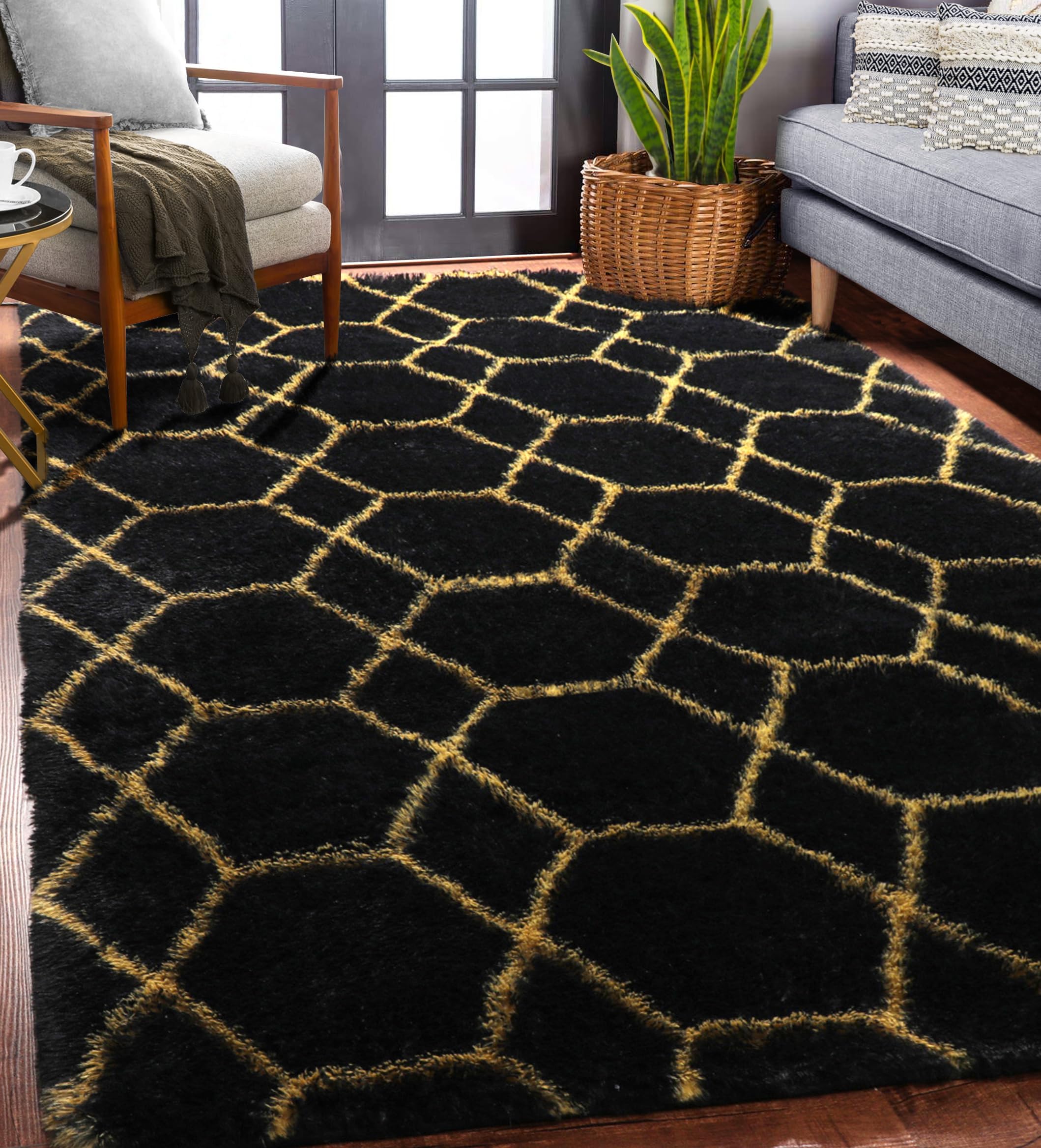 Modern Abstract Art Area Rugs, Black Gold Geometry Living