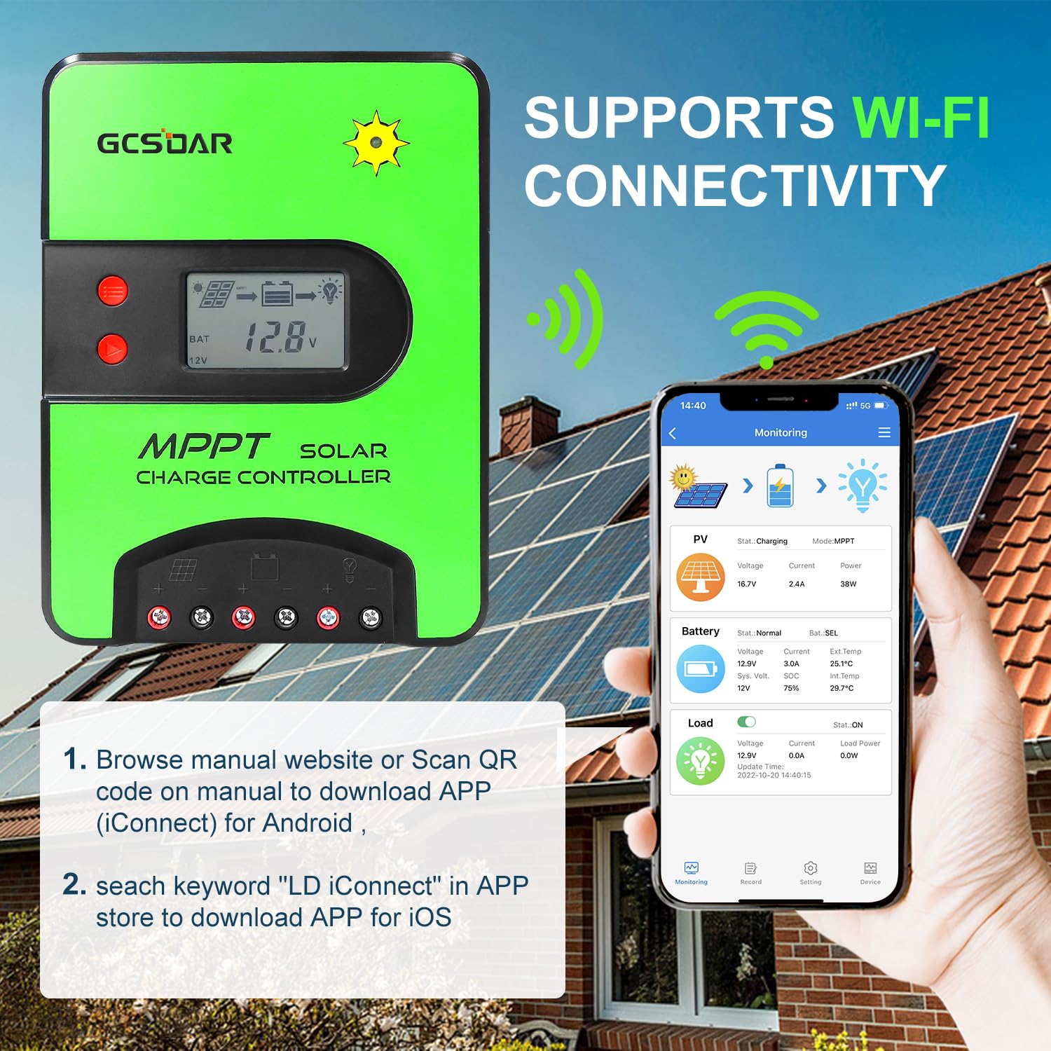 Regolatore di carica solare MPPT da 40 A, 12 V/24 V, regolatore automatico di carica da 100 V, adattatore WiFi integrato con display LCD per batterie AGM e Li-Ion ad immersione sigillate in gel
