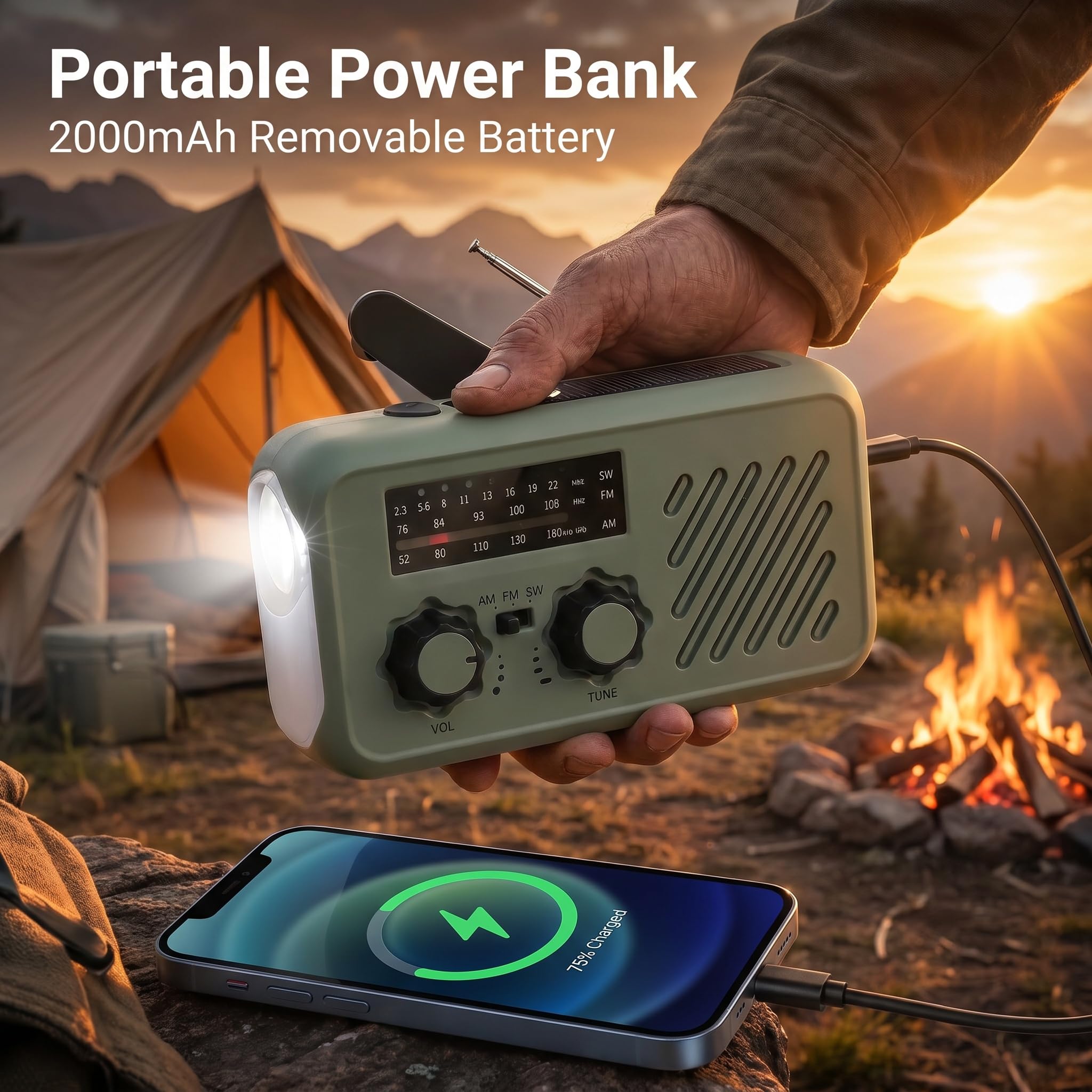 Radio di Sopravvivenza, Ricarica Tripla (Manovella/Solare/USB), Batteria 2000mAh Powerbank, SOS, Torcia LED - Kit Completo con Cinturino & Cuffie per Campeggio, Escursionismo, Emergenza
