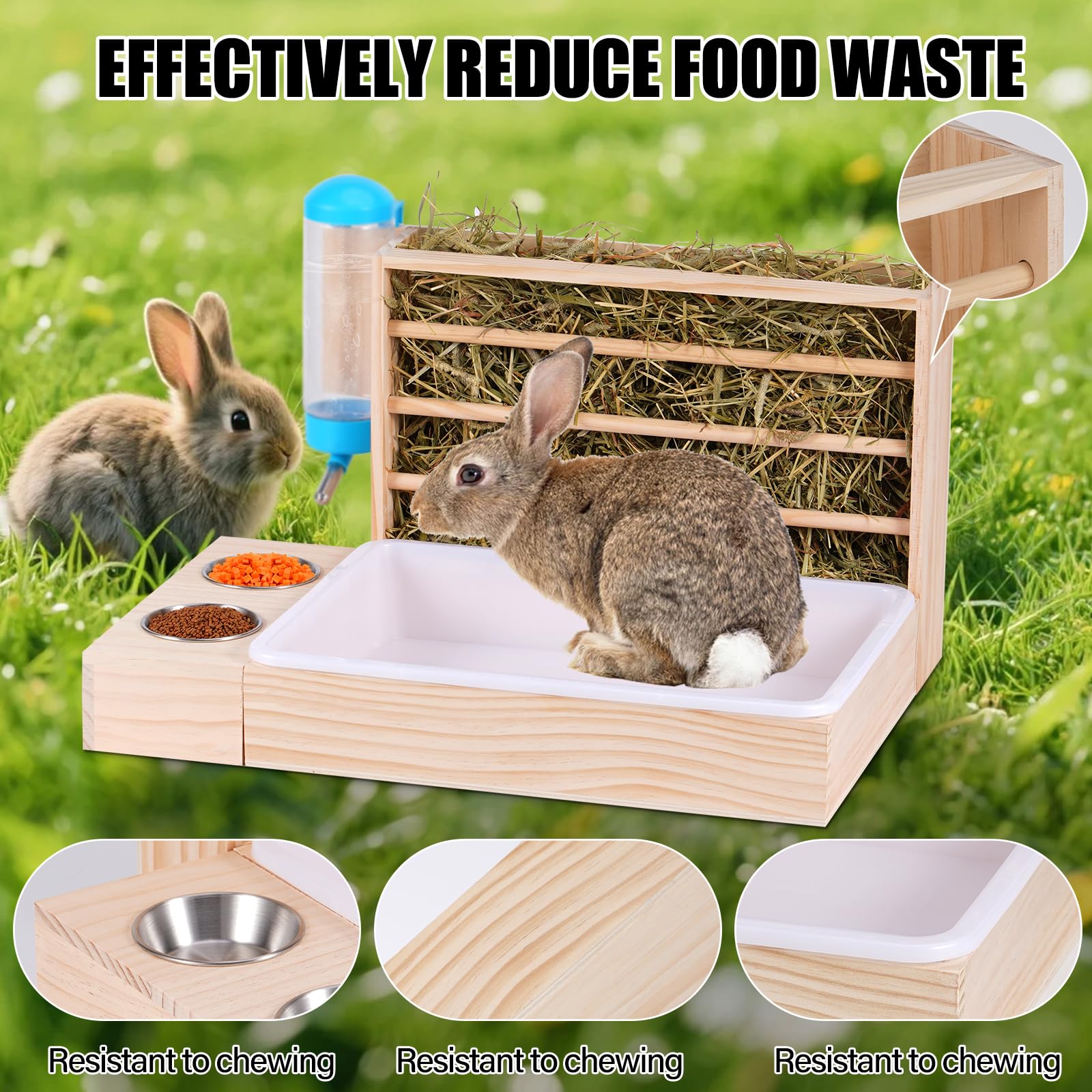 4 in 1 Großer Kaninchen Heu Feeder mit Katzentoilette Holz Futterautomat aus Holz mit 2 Näpfen Hase Toilette für Kaninchen Meerschweinchen Chinchilla Hase Andere Kleintiere