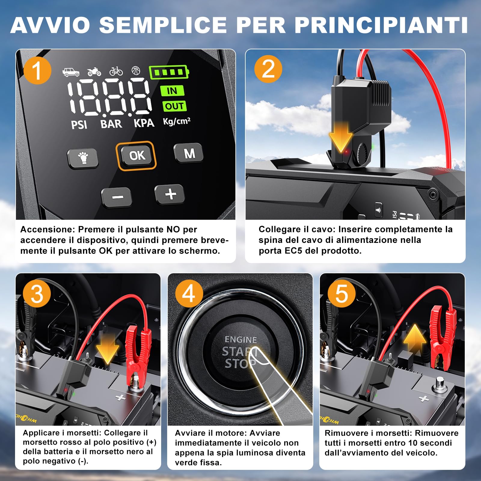 Avviatore Batteria auto 160PSI 9000A Booster Avviamento | WHZOHCAR Avviatore Emergenza per Auto 12V（Tutti Gas /12L Diesel） Jump Starter con Ricarica Rapida Torcia 600 Lumen LED