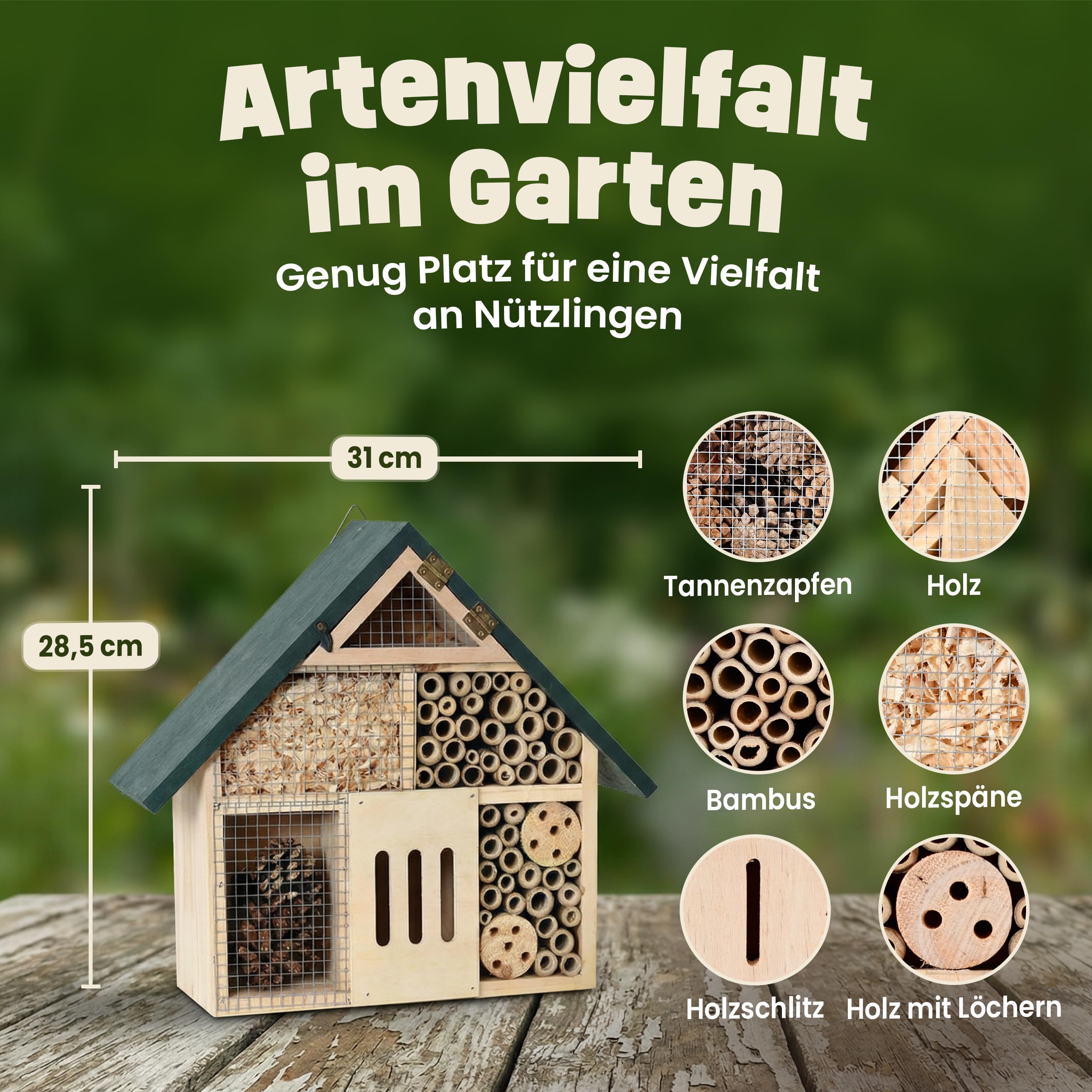 zooprinz Insektenhotel kompakt aus Holz 28,5 cm grünes Dach | Wetterfestes Insektenhaus und Bienenhotel, Nisthilfe mit Bambus-Röhrchen für Wildbienen, Garten und Balkon