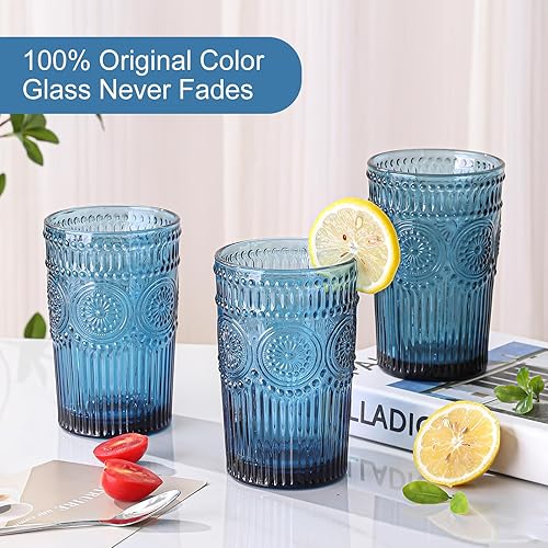 Miniatura 3 de Juego de 6 vasos de cristal vintage para beber, 13 onzas, diseño de flores texturizadas azules, vasos de agua con rayas en relieve para agua,