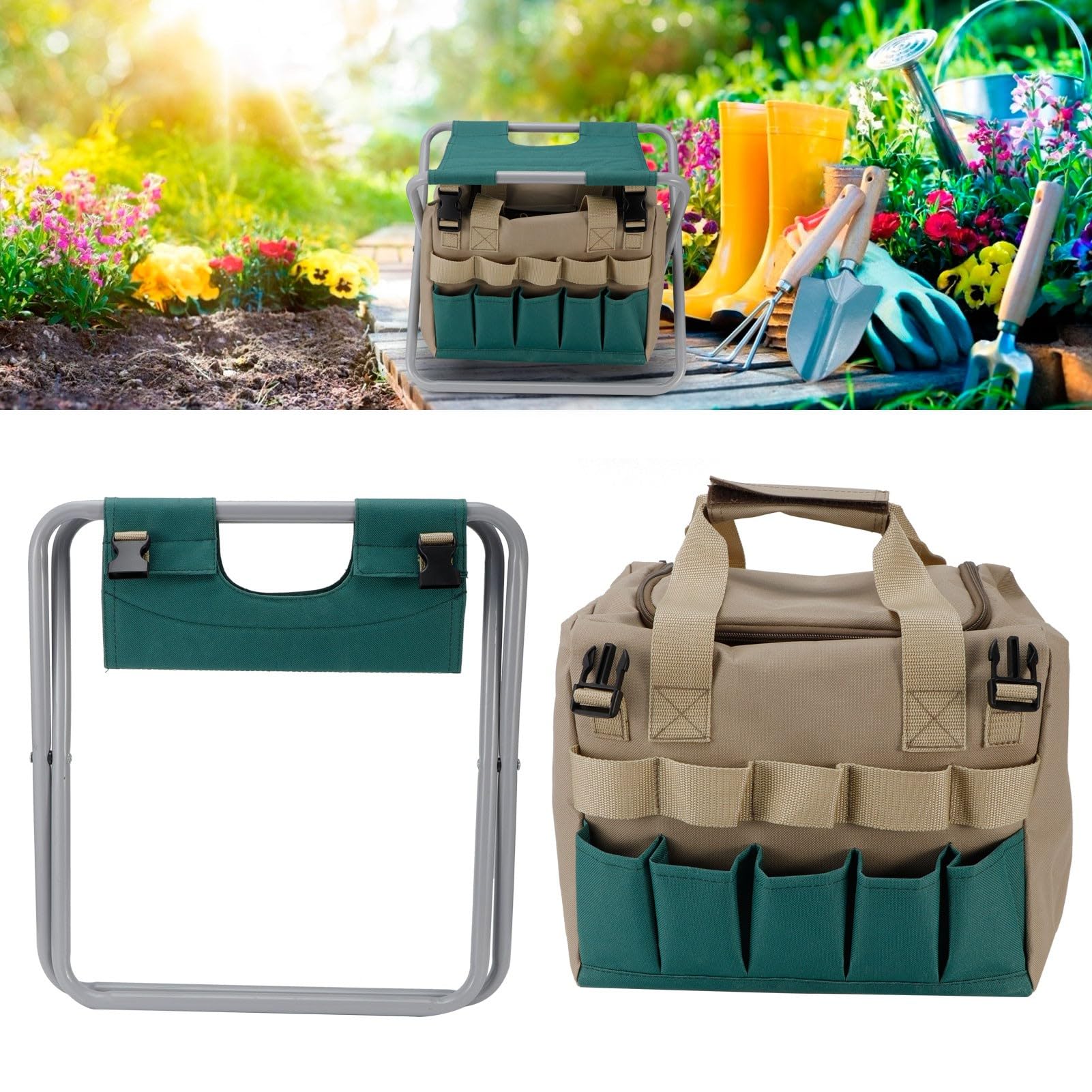 Sgabello da Giardinaggio Sedile Sgabello da Giardino Pieghevole Portatile Multifunzione con Borsa per Attrezzi per Forniture da Campeggio All'aperto