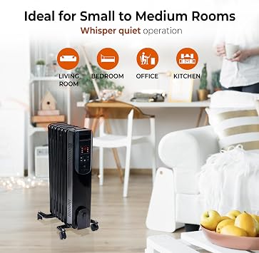 Comfort Zone 1500W Digital Oil-Filled Radiator Heater Portable Electric Space Heater with Remote, 12H Timer & 360 Swivel Wheels Silent Radiant Heat with Adjustable Thermostat Black