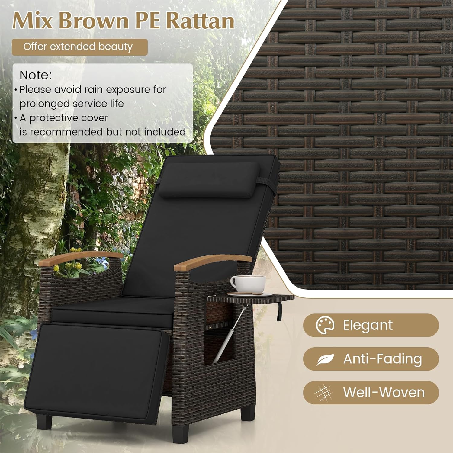 Tangkula Patio Wicker Recliner Chair, Rattan Lounge Chair w/Adjustable Backrest & Footrest, Flip Side Table, Push Back Reclining Seat w/Cushion for Backyard, Porch, Lawn (Black,1)