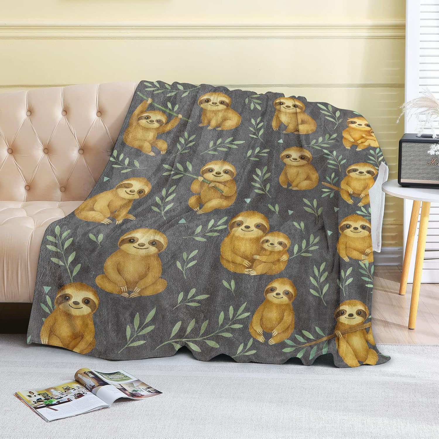 Cute Sloth Fleece Blanket,50x60in,Adorable Cartoon Leaves Dark Throw Blankets,Soft Cozy Lightweight, Ideal for Bed Living Room Home Decor,Kids Gifts - Image 2