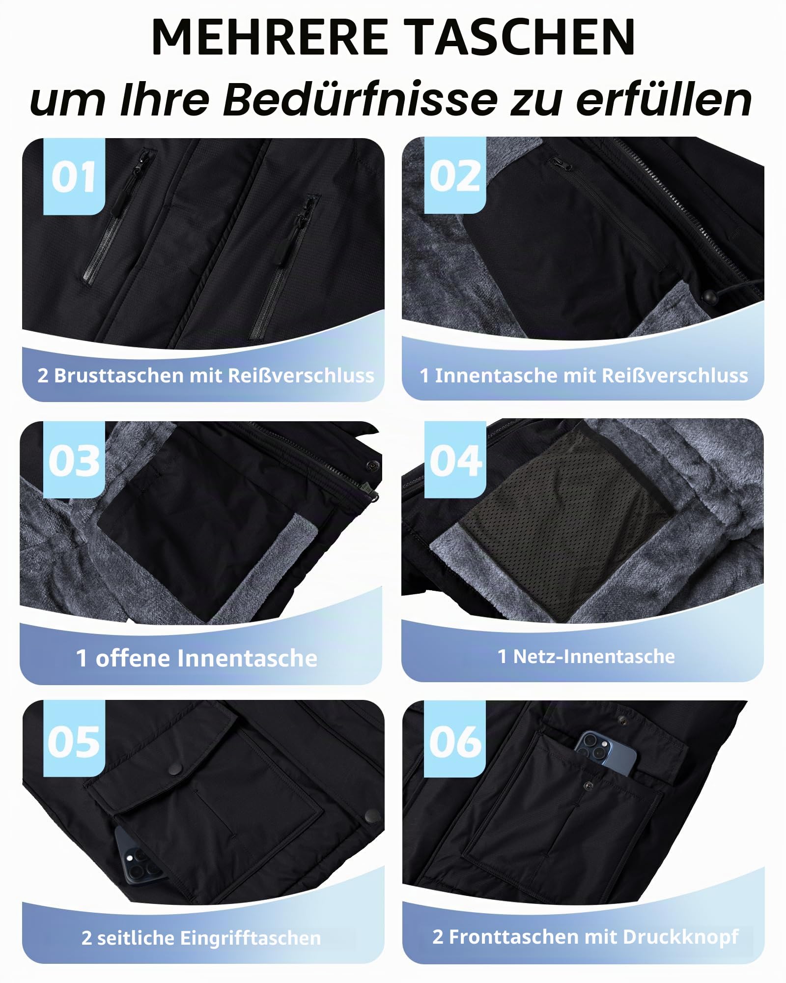 Tansozer Herren Winterjacke Winddicht Atmungsaktiv Wasserabweisend Gefüttert Wander Regenjacke, Schwarz, M