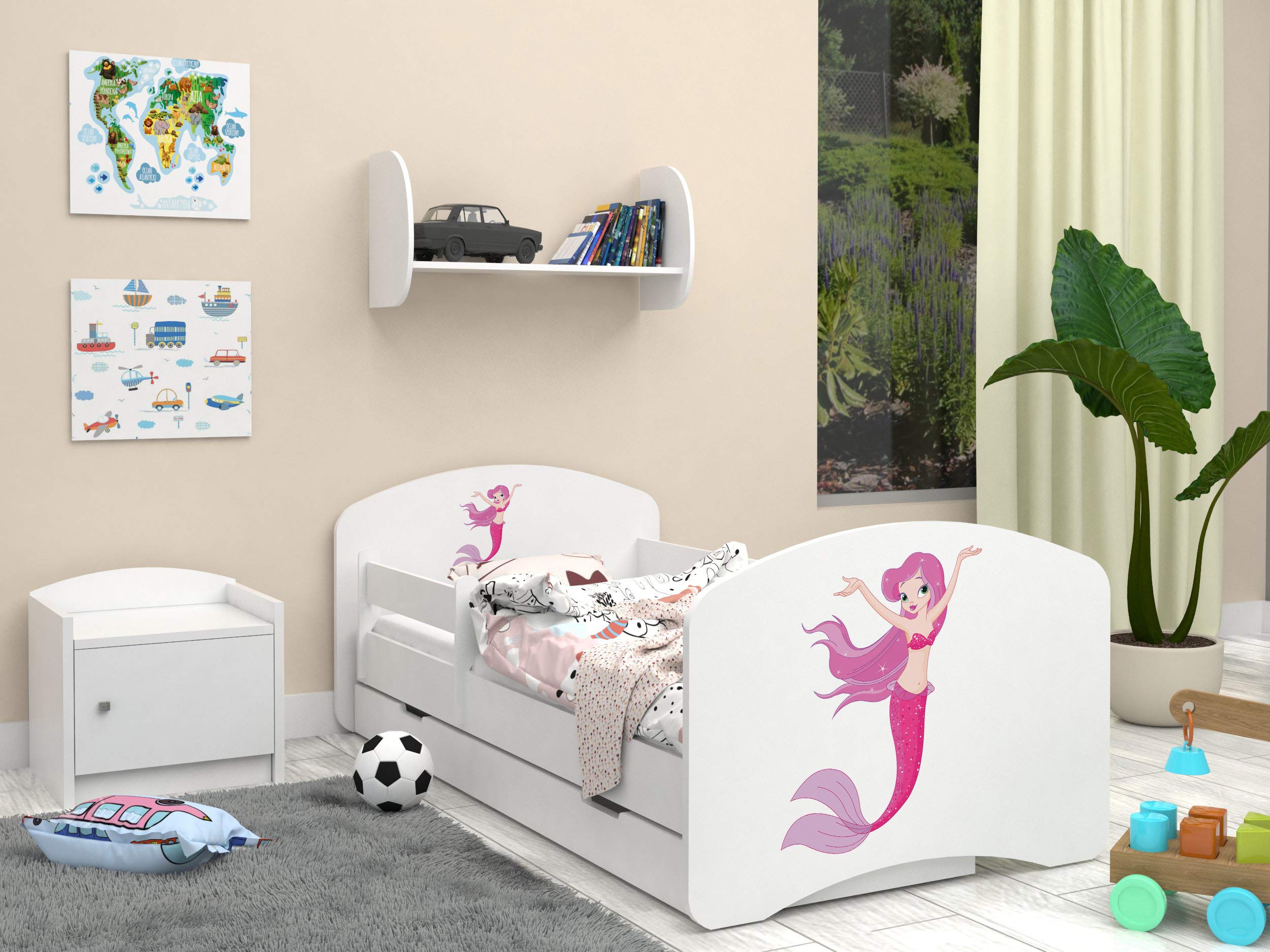 Happy Babies - Dwustronne łóżko dziecięce z szufladą Nowoczesne wzornictwo z bezpiecznymi krawędziami i zabezpieczeniem przed upadkiem materac piankowy 7 cm. (140x70, 21. różowa syrenka)