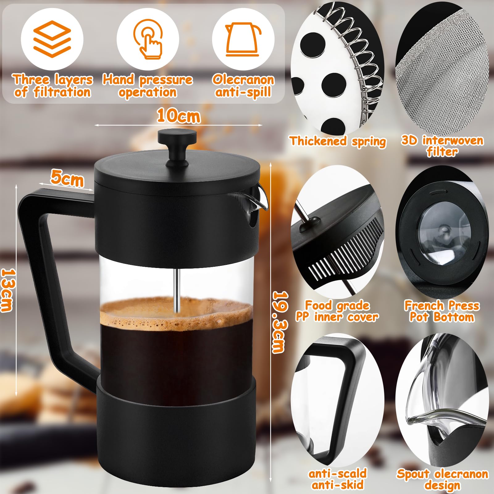 Cafetière à Piston, French Press 1000 ml (5 Tasses),Carafe Française pour Café Filtre,verre borosilicate résistant à la chaleur, Triple Filtres en acier inoxydable,Cafetière/théière (Noir)