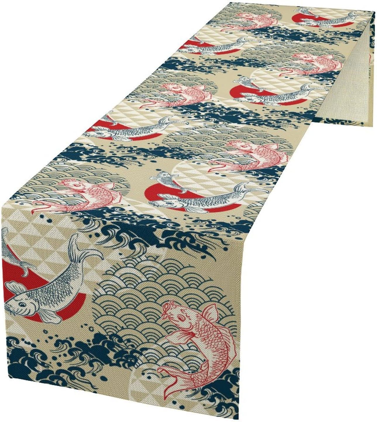 Japanese Kio Fish Table Runner, Line Art Colorful Janan Style Oriental Table Runner for Kitchen Study Living Room Home Bedroom, Gray 13x108 Inch