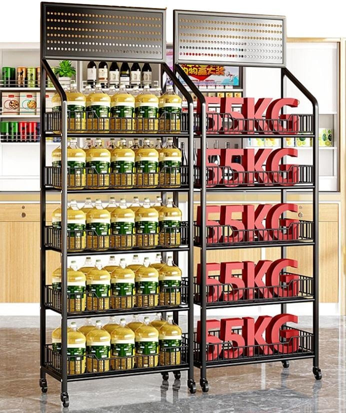 Scaffalature per negozi al dettaglio – 140 x 50 x 27 cm – Scaffalature per negozi con 4 ruote – Scaffale per stoccaggio con 4 ripiani – Scaffale da officina con 5 ganci a parete forata – Scaffale per
