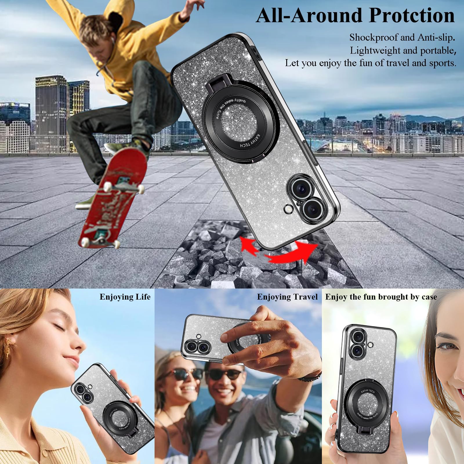Kainevy for iPhone 16 Plus Case Clear Glitter Compatible with MagSafe with Stand Magnetic Ring Holder Cover iPhone 16 Plus Phone Case Silicone Shockproof Slim Cute Sparkle (Black) - Image 3