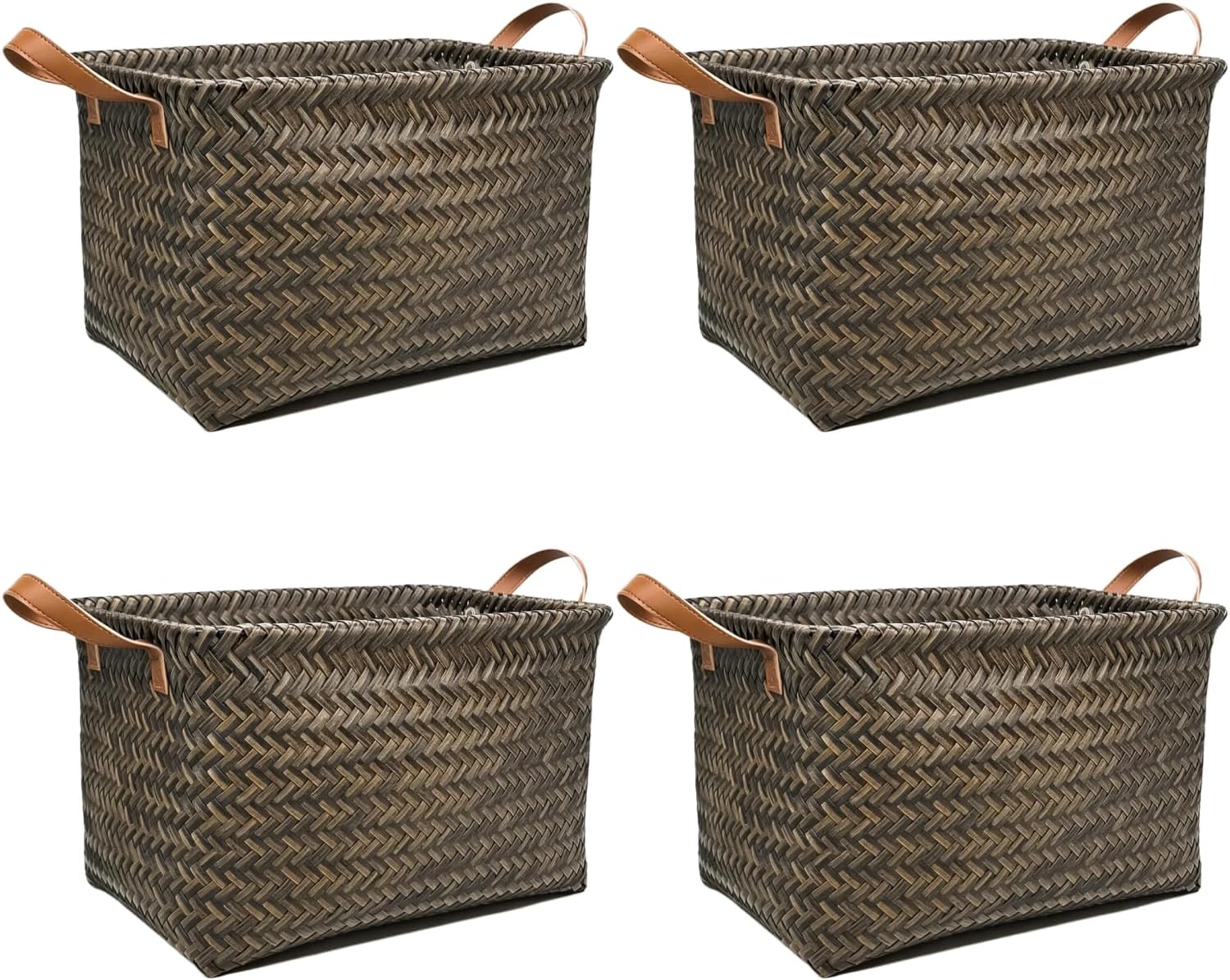 GIB Large Wicker Storage Baskets for Shelves, Woven Laundry Basket for Organizing Clothes Blanket Basket, Decorative Rectangular Closet Organizers Storage Bins with Handles, Espresso, 4 Pack