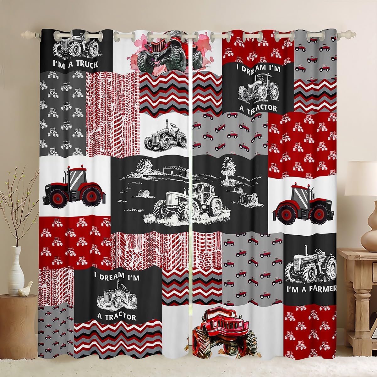 Red Tractor Curtain For Boys,Construction Tractor Window Curtains Kids Teens Equipment Trucks Window Drapes Black White Construction Vehicle Window Treatments Bedroom Decor 38