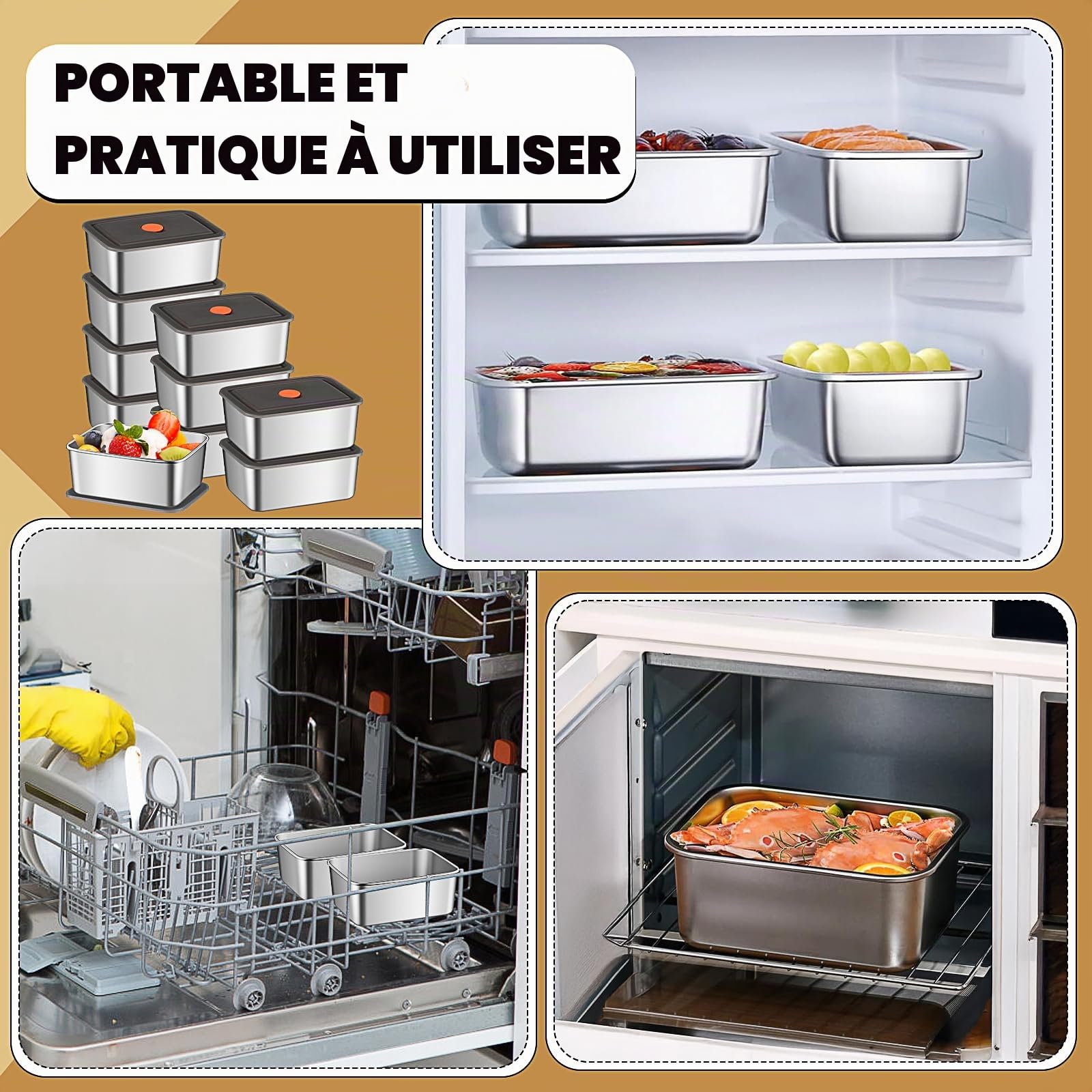 Lot de 10 boîtes de conservation avec couvercles,600 ML Boîtes de conservation en acier inoxydable, réutilisables pour congélation, boîtes de stockage, boîtes de rangement pour la cuisine
