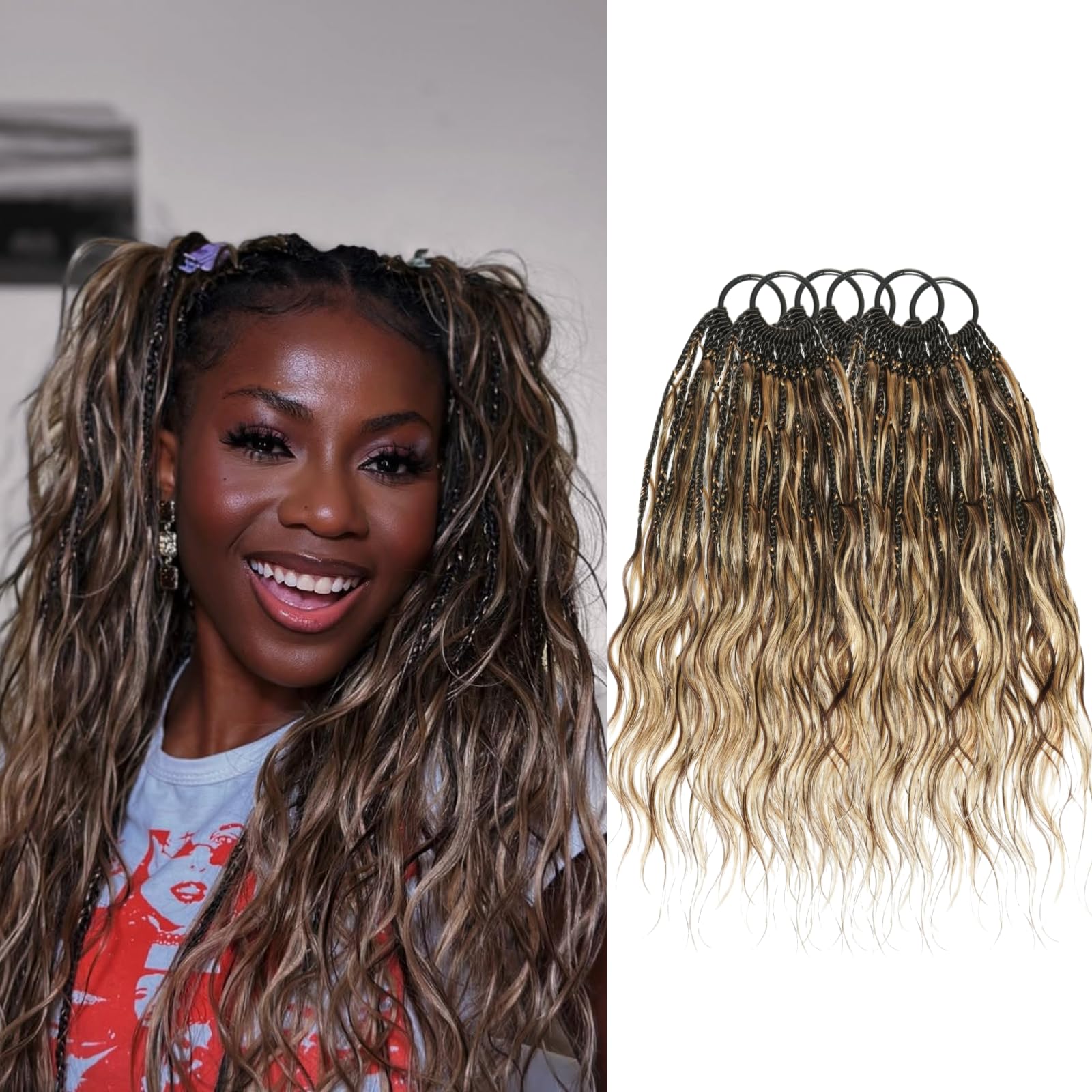 JALIZA Trecce Bora Bora all'uncinetto da 61 cm (120 fili), trecce sintetiche con ricci boho al 100% umani (5 riccioli per filo), stile protettivo senza nodi pre-loop per donne di colore, biondo misto
