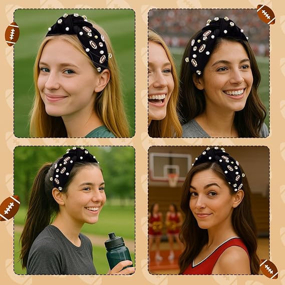 MOSOTECH Game Day Headband for Women, Football Rhinestone Pearl Embellished Wide Knotted Headband for Football Mom Fans, Fashion Non Slip Trendy GameDay Outfits Sports Hair Accessories Gifts (Black)