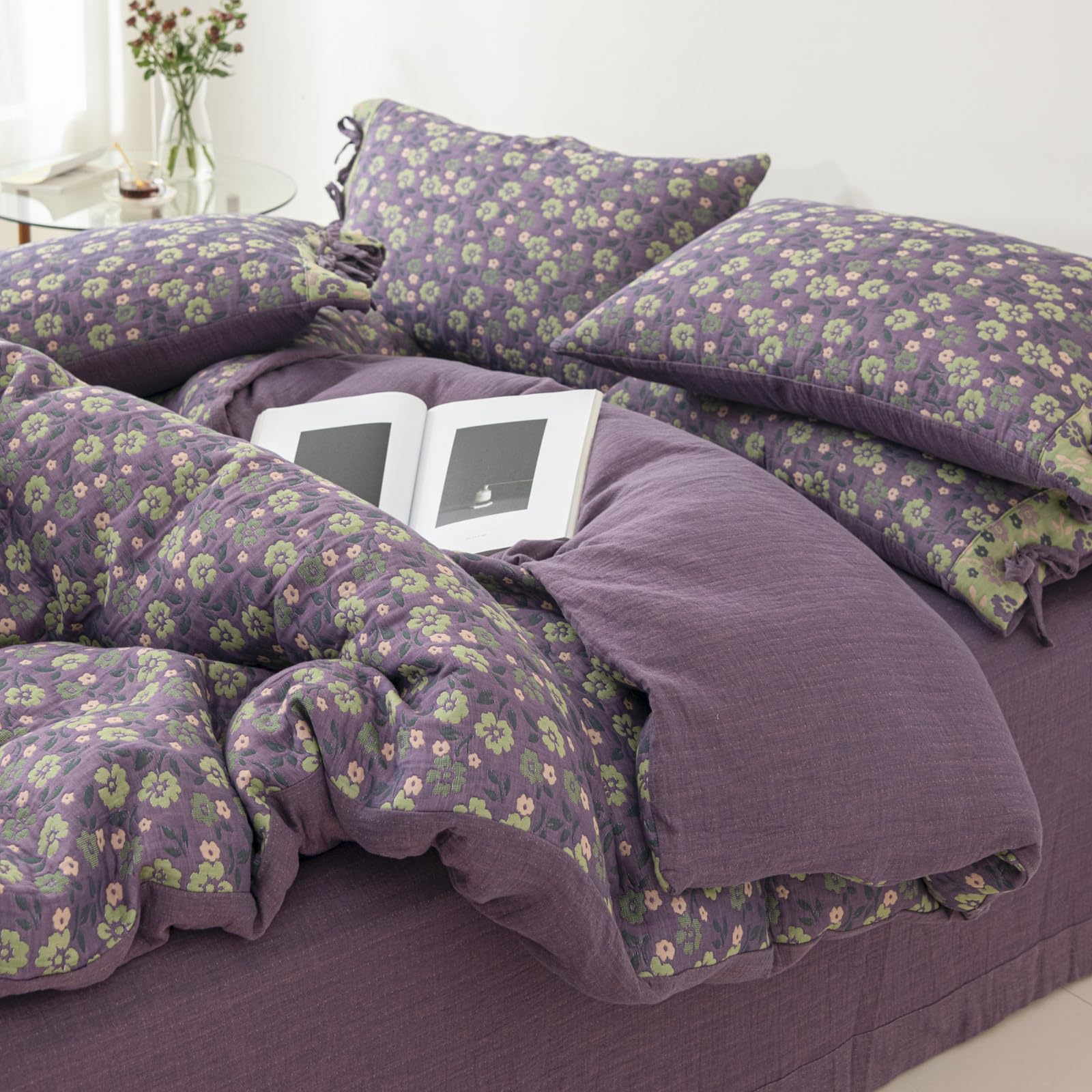 VM VOUGEMARKET Retro Paisley Duvet Cover Queen Size Boho Damask Duvet Cover Sets 100% Brushed Cotton Bedding Set,1 Duvet Cover and 2 Pillow Shams for All Seasons-Stormy Blue: King(104" x 90") Jacquard - Plum Purple