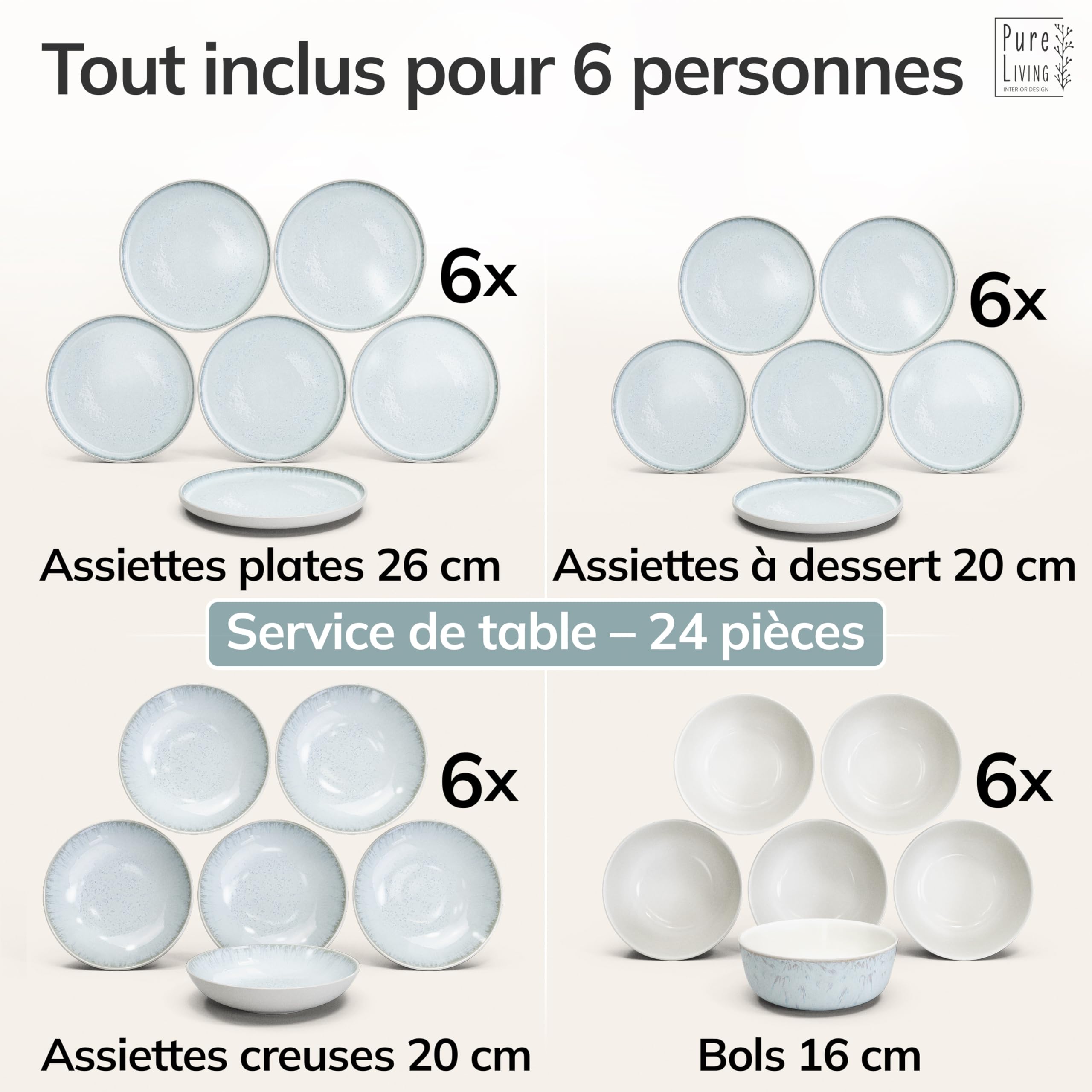 Service de Table Ibiza 24 Pièces: Vaisselle en Grès pour 6 Personnes, Adapté au Lave-Vaisselle et au Micro-Ondes, Pure Living Beige-Bleu